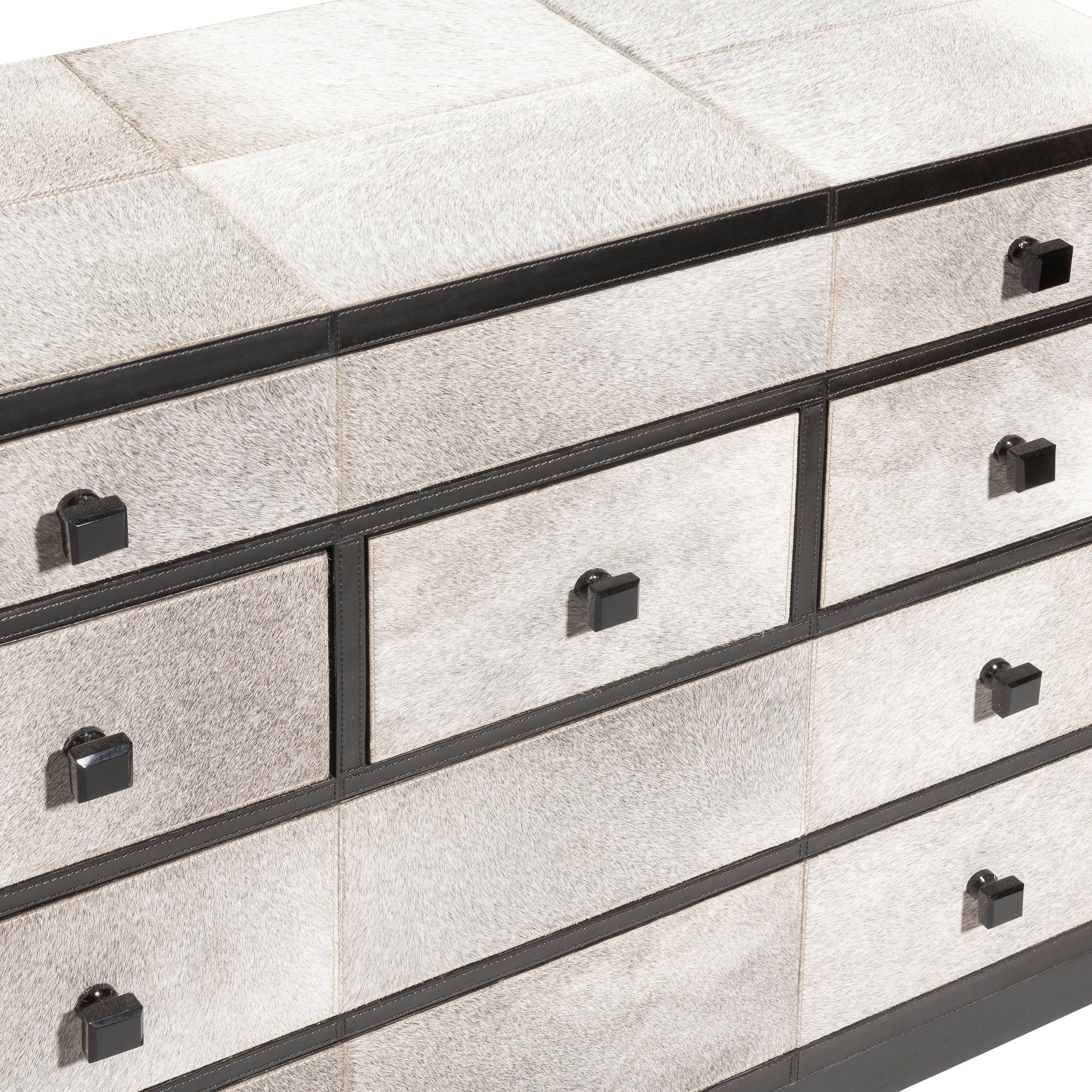 Grey hair-on-hide and black leather Lola Dresser with glass knobs by GO HOME.