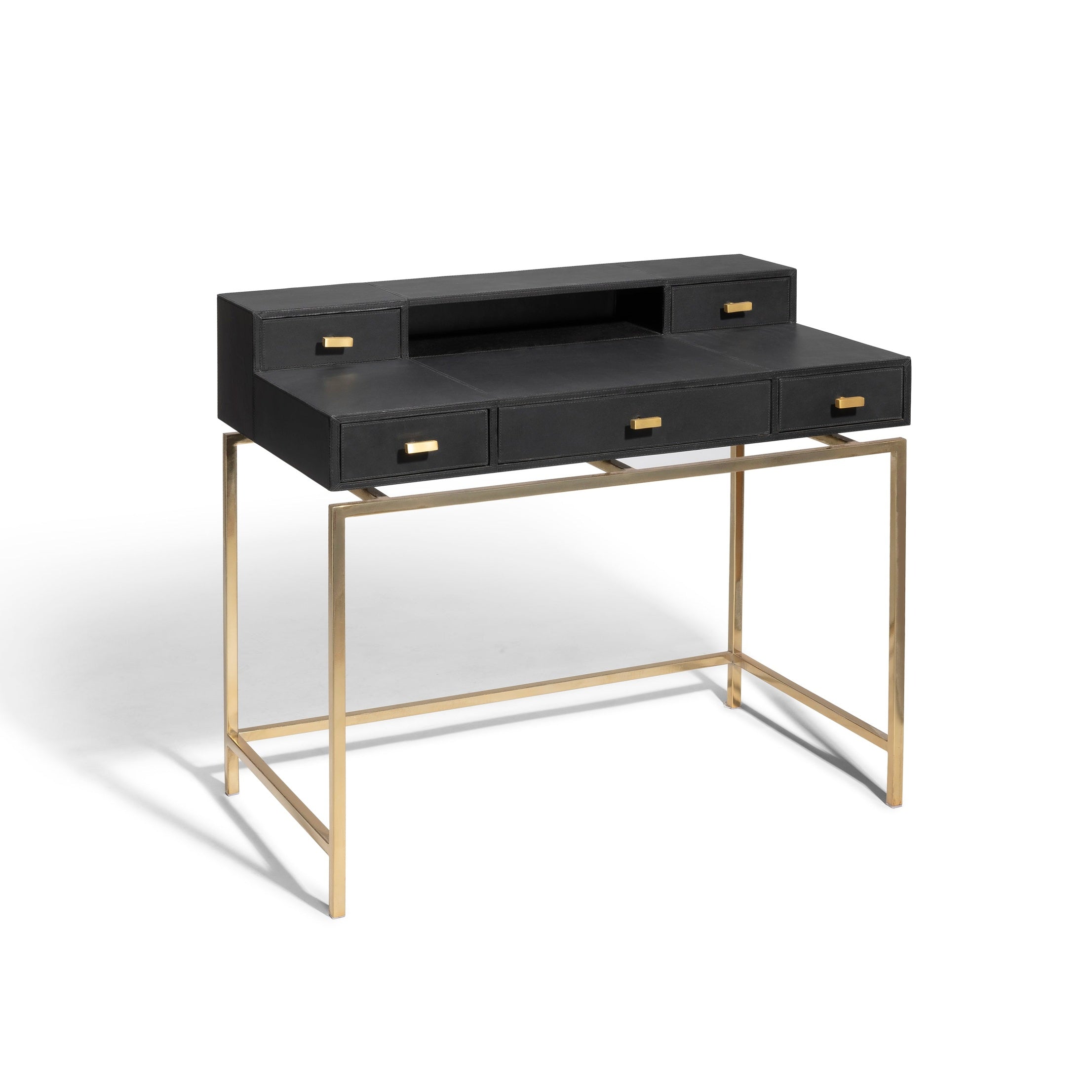 LUKE DESK with black leather finish and gold-toned metal frame, featuring fabric-lined drawers by GO HOME