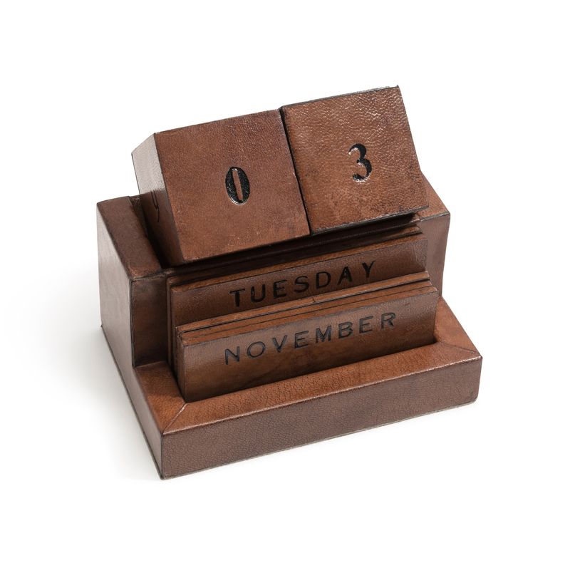 Leather desk calendar with rich leather finish and elegant tabletop design