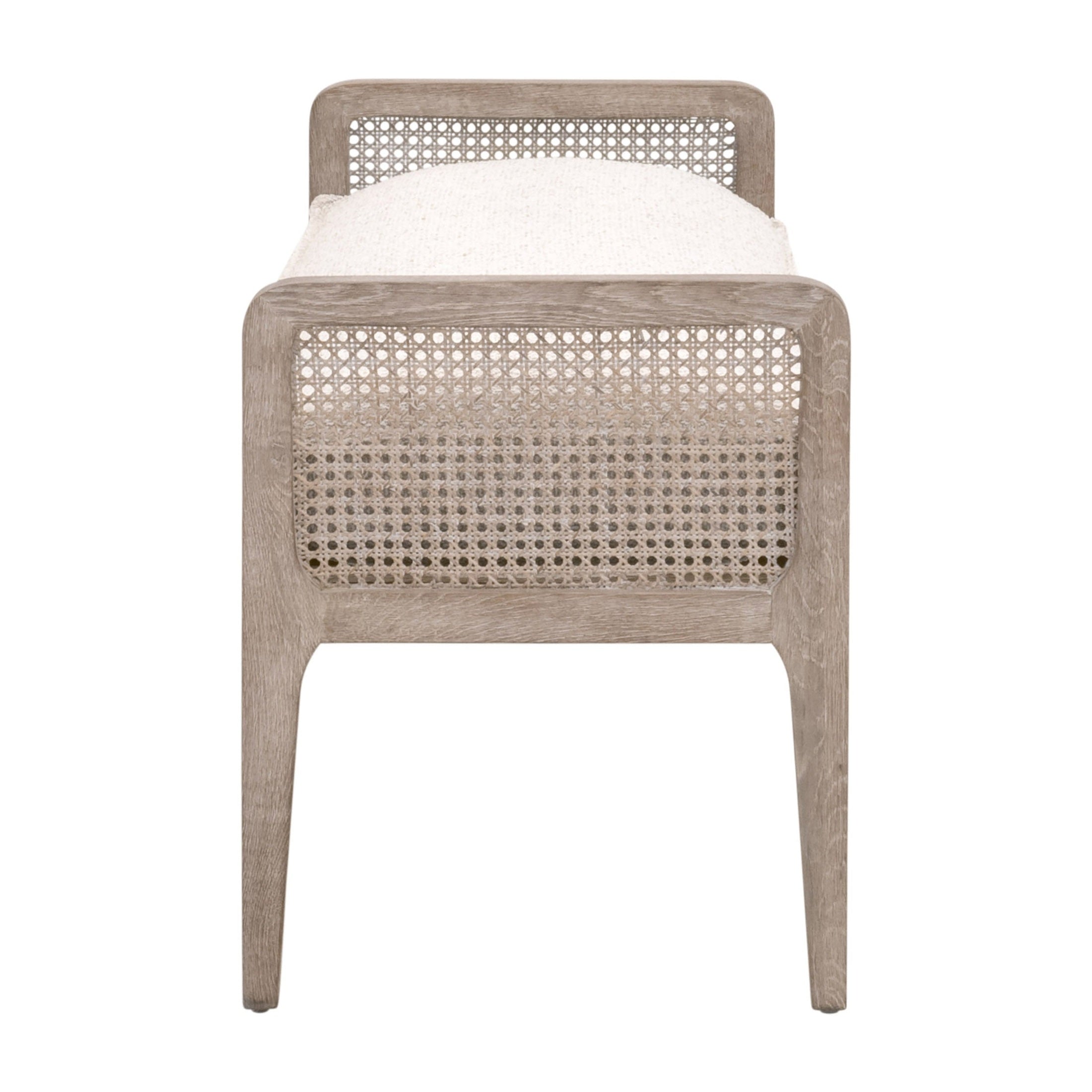 Leone Bench with natural gray oak frame, cane inlay back and arms, and white cushioned seat by Essentials for Living