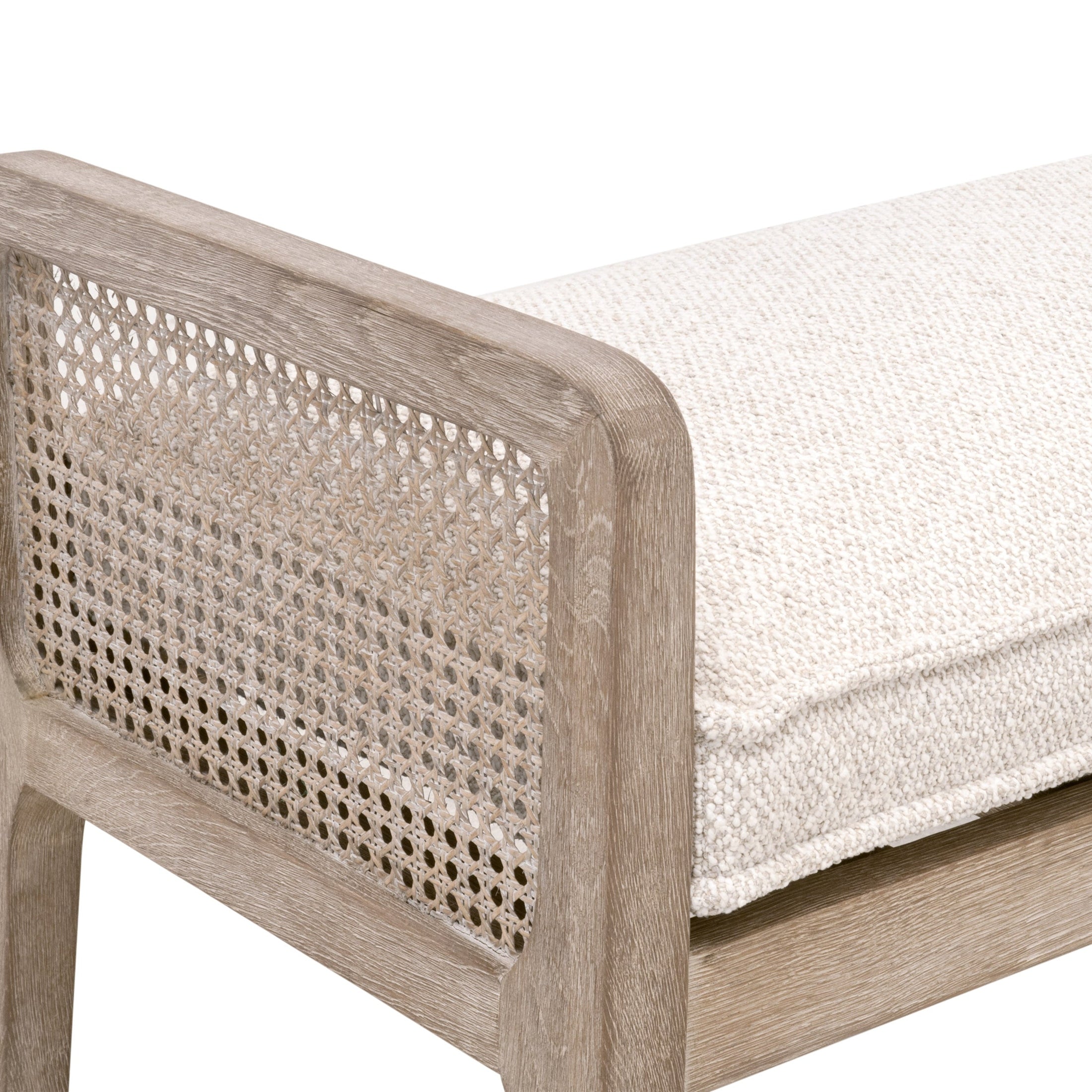 Close-up of Essentials for Living Leone Bench showing natural gray oak frame and textured cream cushion