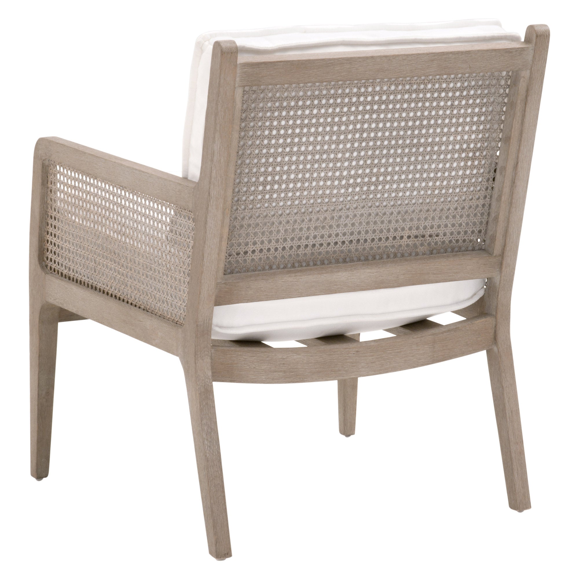 Essentials for Living Leone Club Chair rear view showing gray oak frame and handwoven cane back with white cushions.