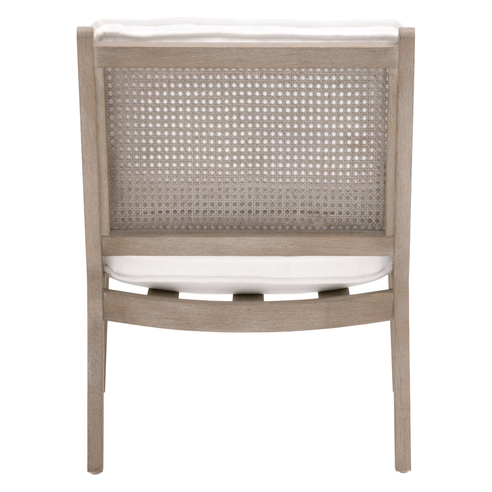 Essentials For Living Leone Club Chair with natural gray oak frame and handwoven cane back, viewed from the back.