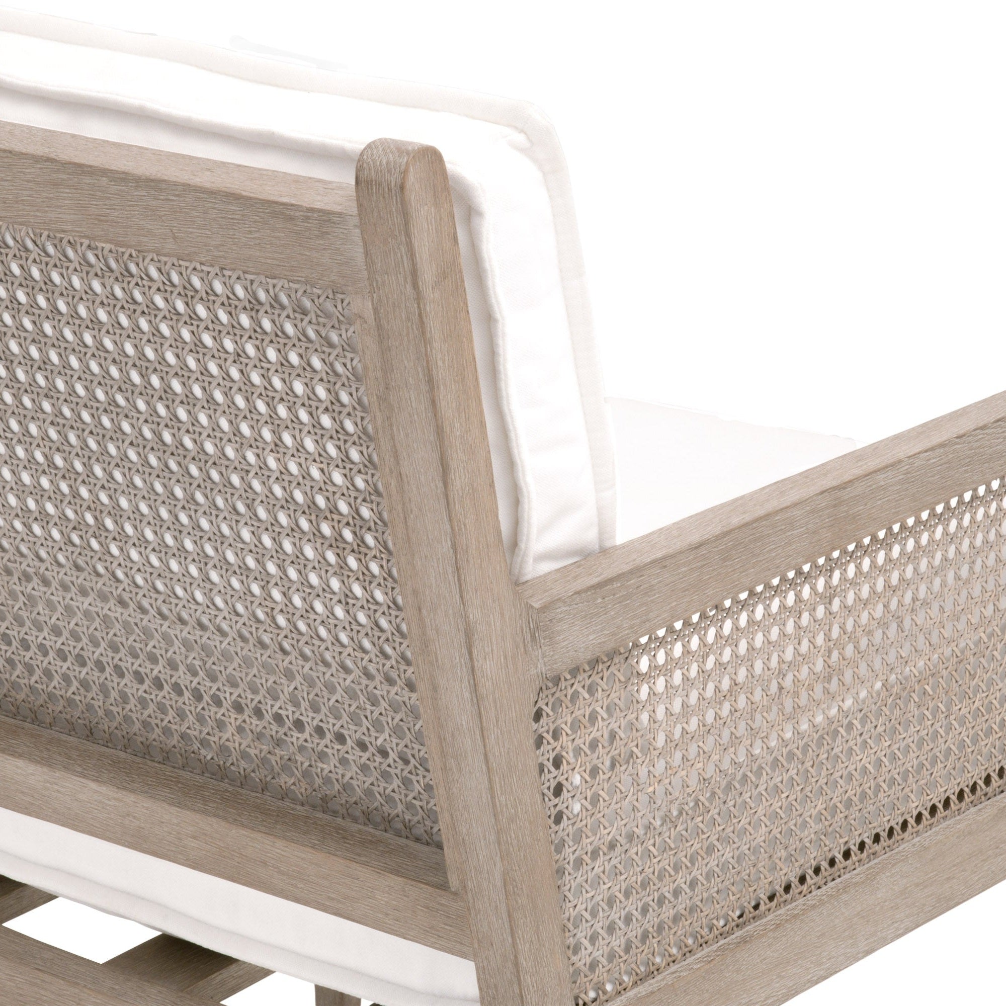 Close-up of Leone Club Chair showcasing handwoven cane back and natural gray oak frame by Essentials for Living