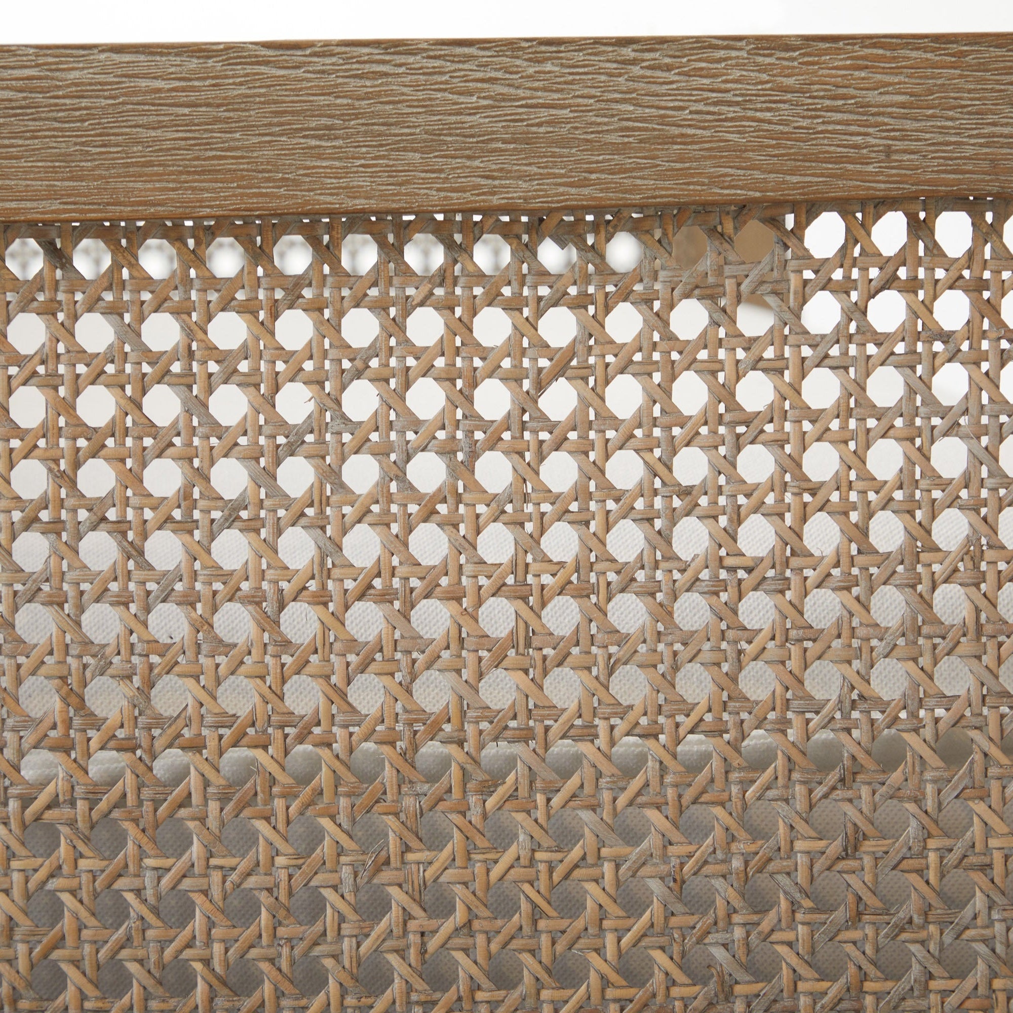 Close-up of handwoven cane detail on natural gray oak frame of the Essentials For Living Leone Club Chair