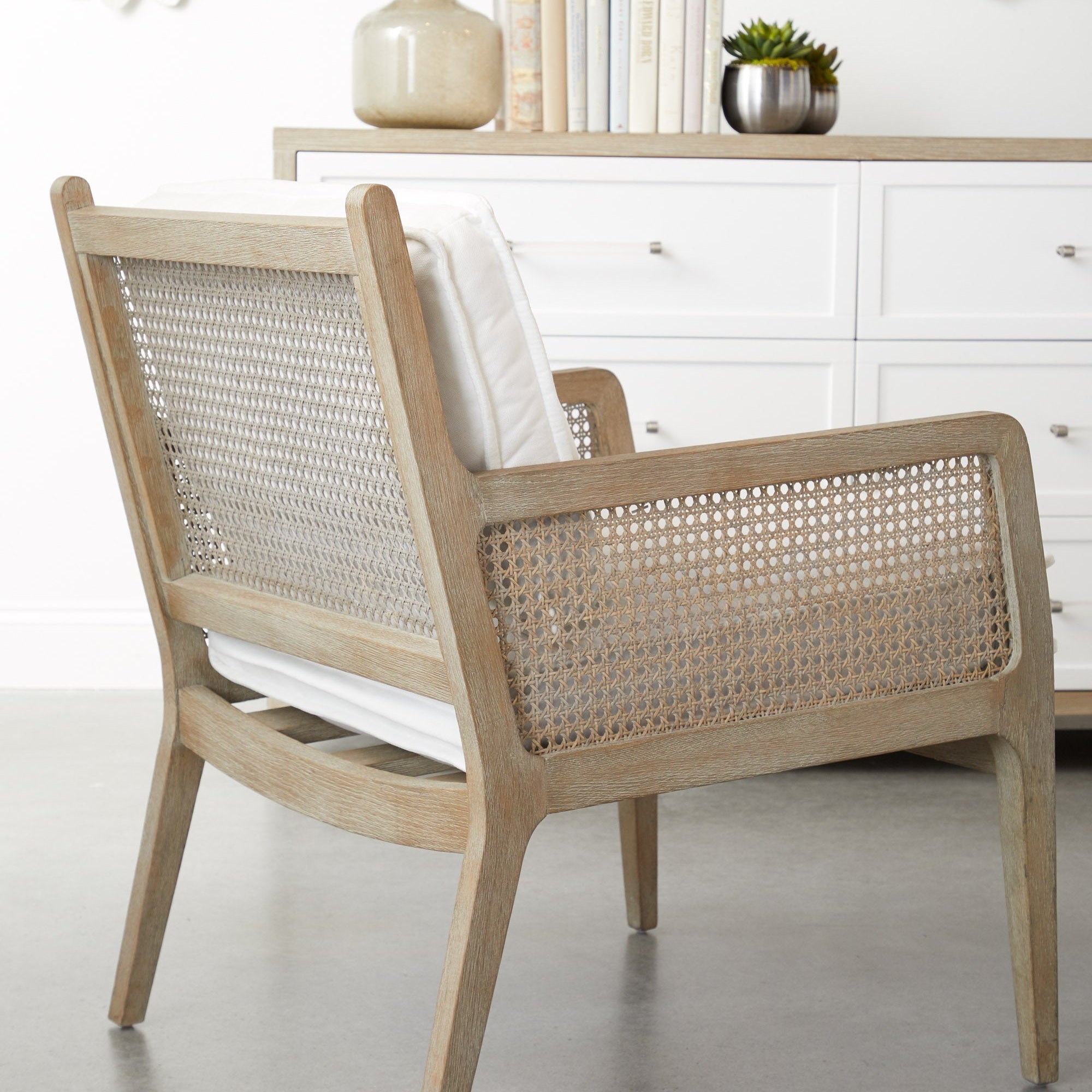 Transitional Leone Club Chair by Essentials for Living with natural gray oak frame and handwoven cane sides and back
