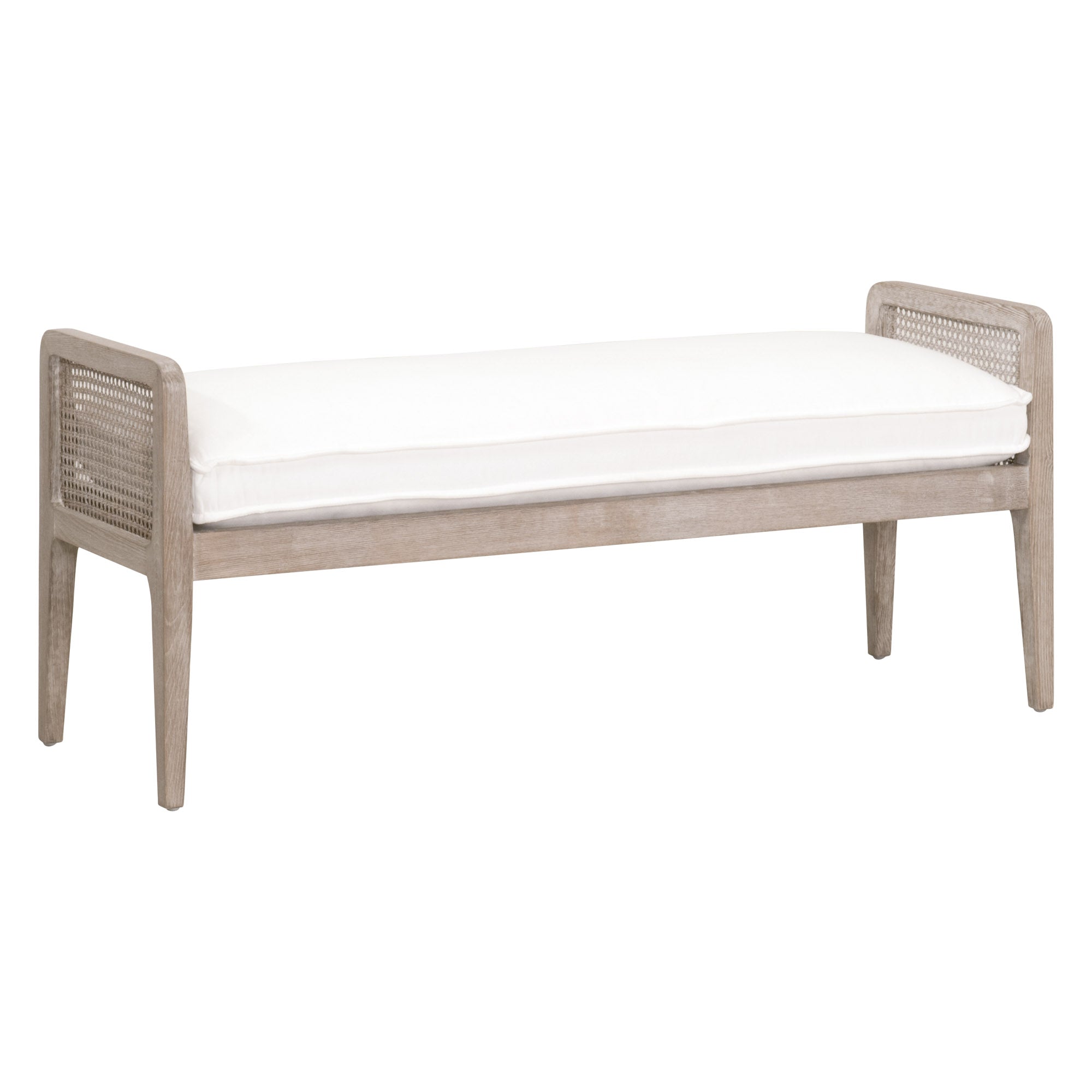 Essentials for Living Leone Bench with natural gray oak frame, cane sides, and white upholstered cushion seat.