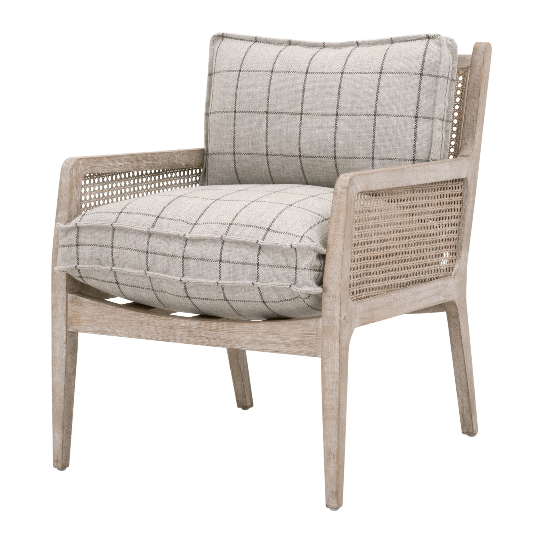Leone Club Chair by Essentials for Living with natural gray oak frame and plaid cushions and handwoven cane sides