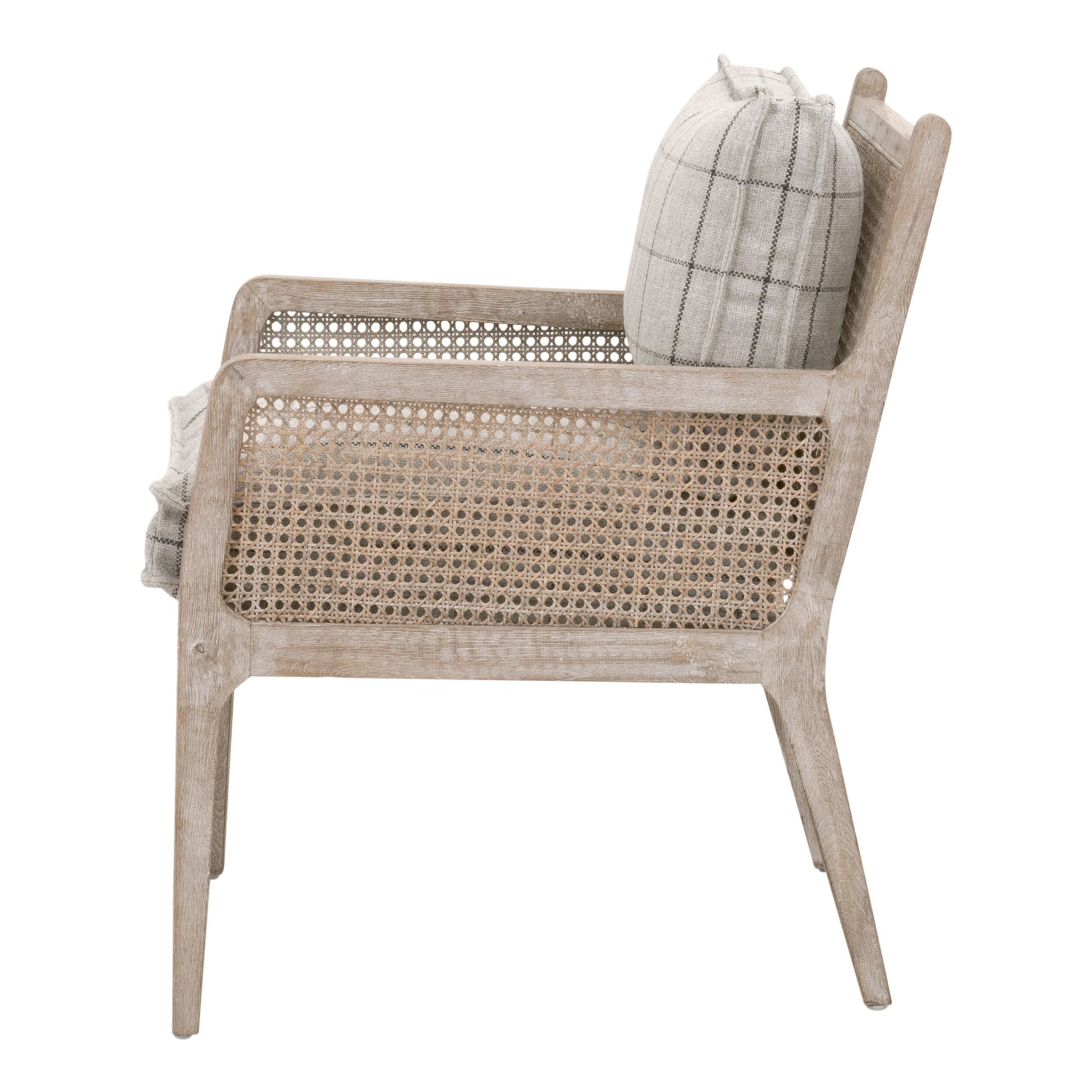 Side view of a natural gray oak Leone Club Chair with handwoven cane sides and plaid cushions