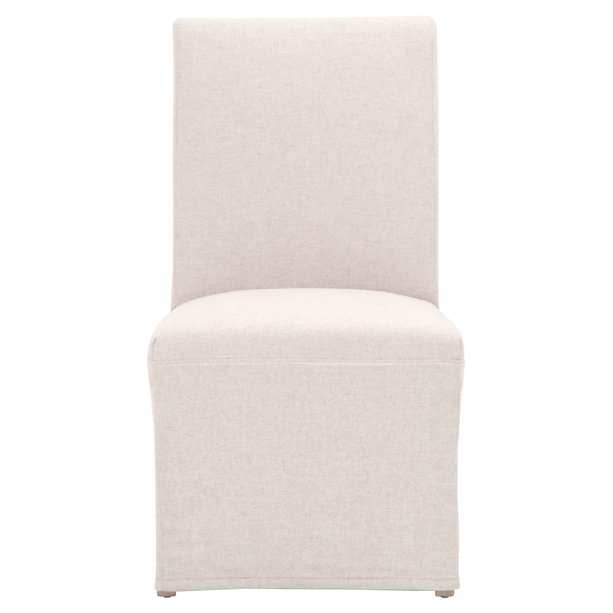 Elegant beige slipcover dining chair with solid birch wood base and modern tailored skirt by Essentials For Living