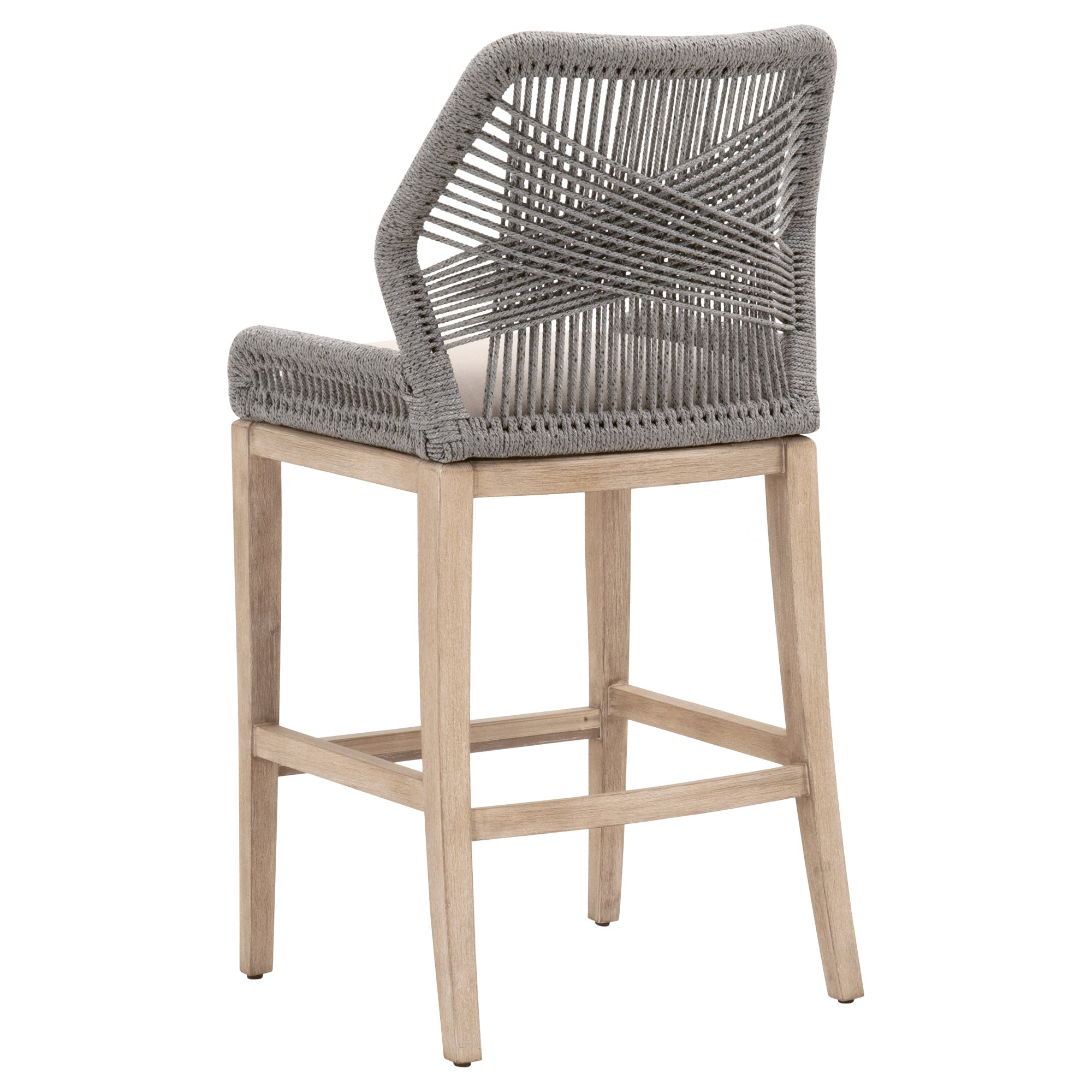 Essentials for Living Loom Barstool with woven taupe back, pumice seat cushion, and natural wood legs in coastal style