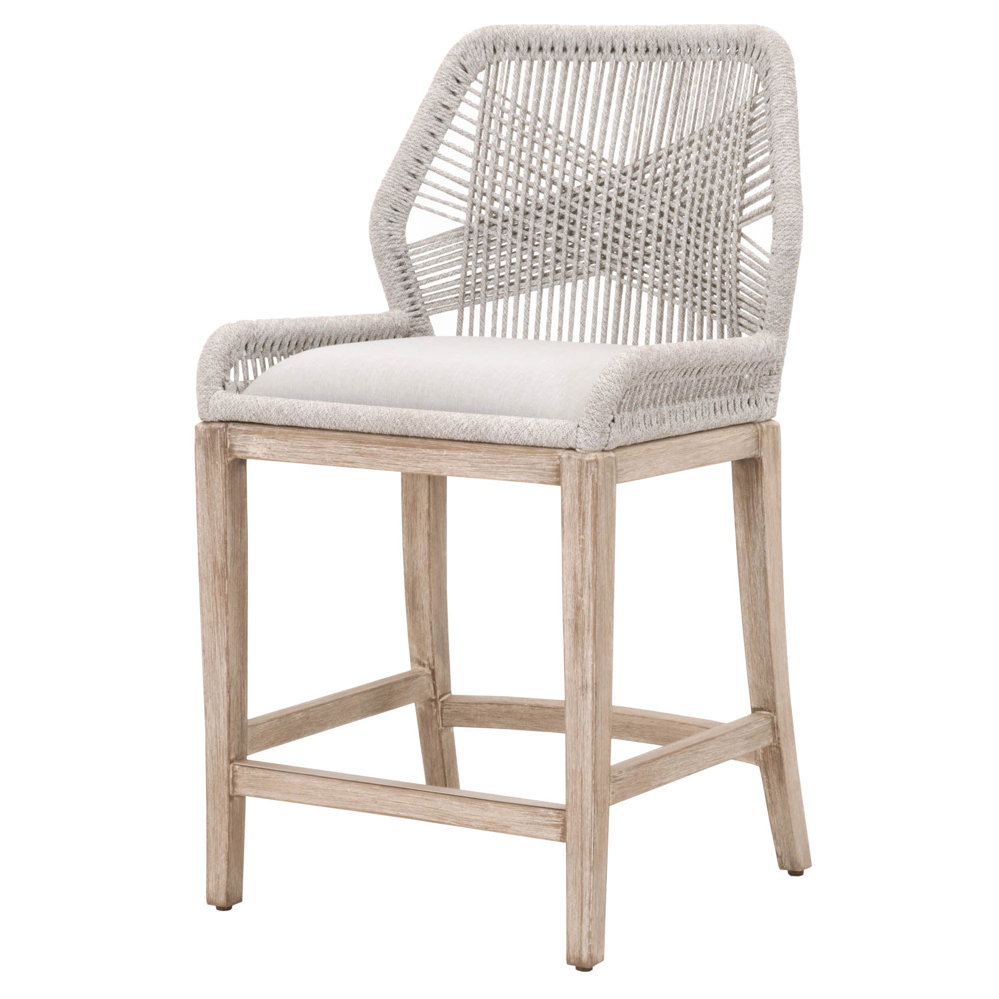 Essentials For Living Loom Counter Stool with handwoven backrest, cushion seat, and distressed natural gray mahogany legs