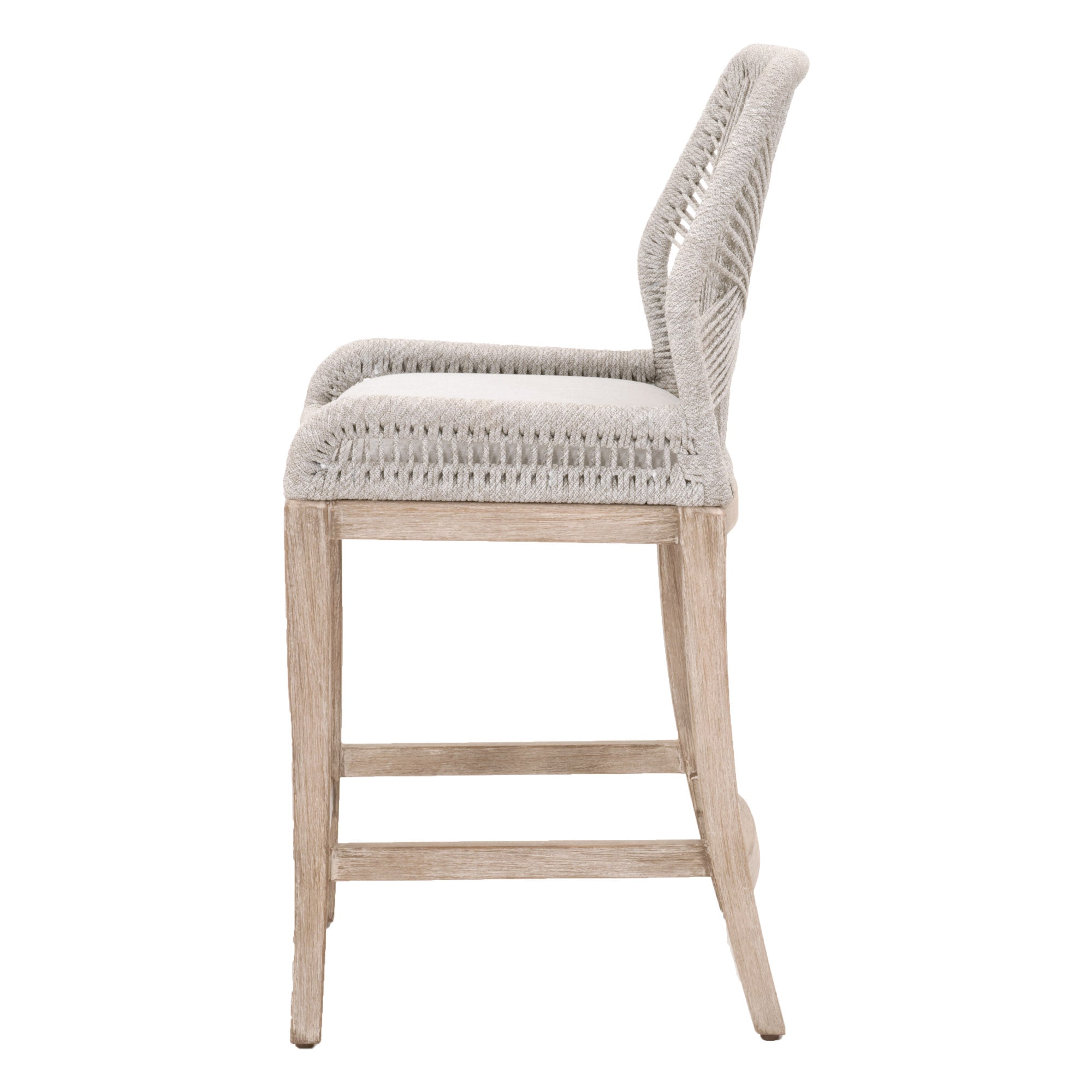 Side view of Loom Counter Stool with woven rope backrest and solid wooden legs by Essentials For Living