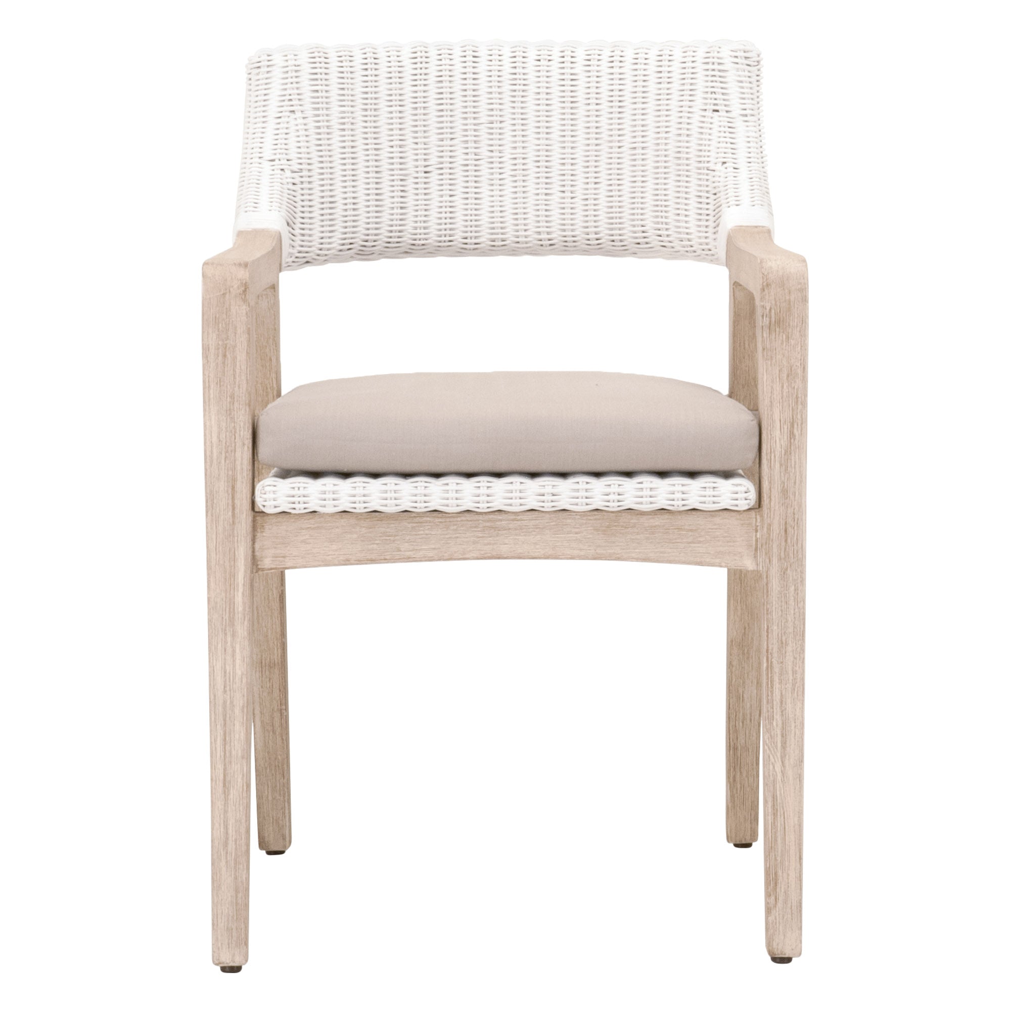 Lucia Arm Chair with white handwoven rattan, distressed gray mahogany frame, and light gray cushion by Essentials for Living