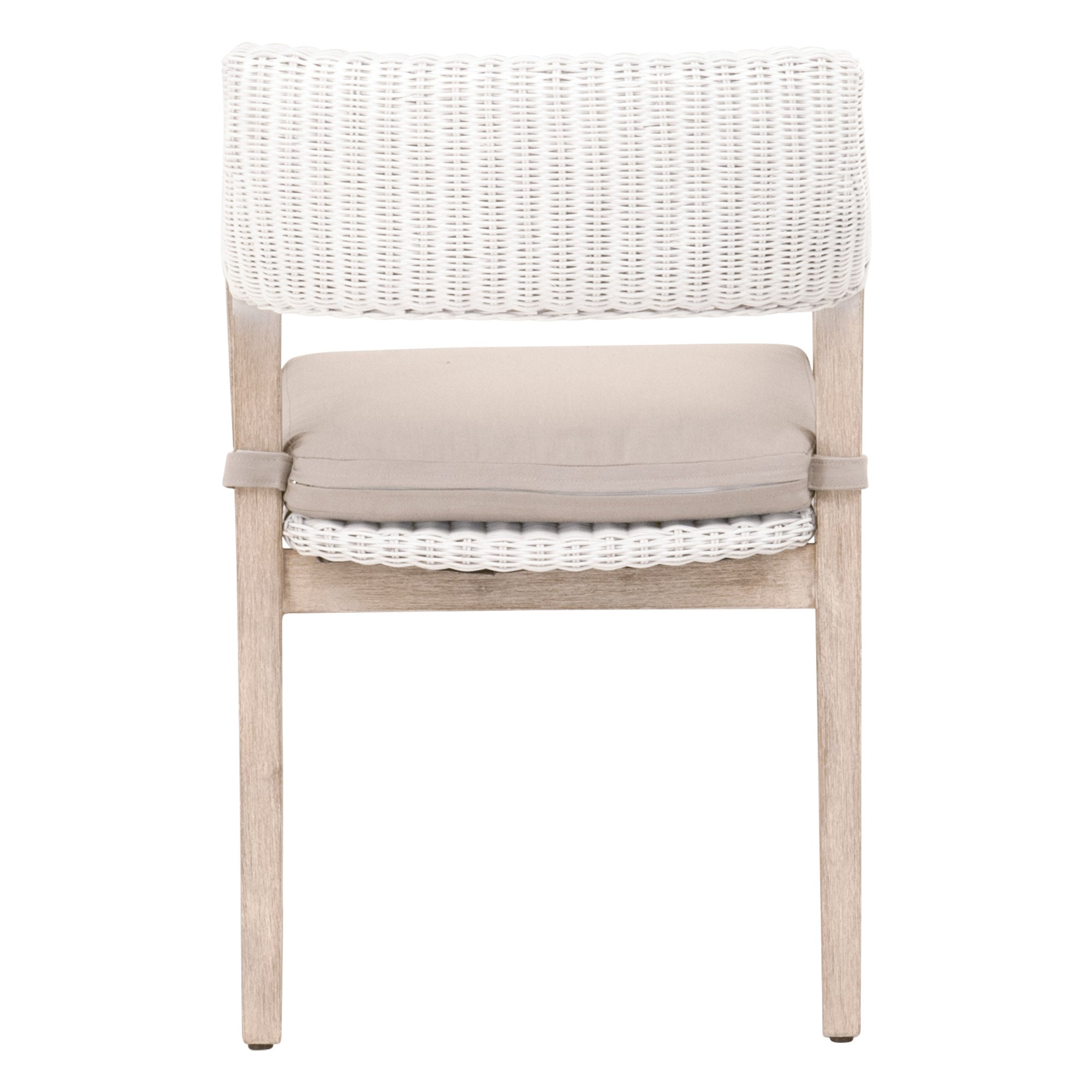 Lucia Arm Chair with white rattan and light gray cushion, handwoven design, coastal style by Essentials For Living