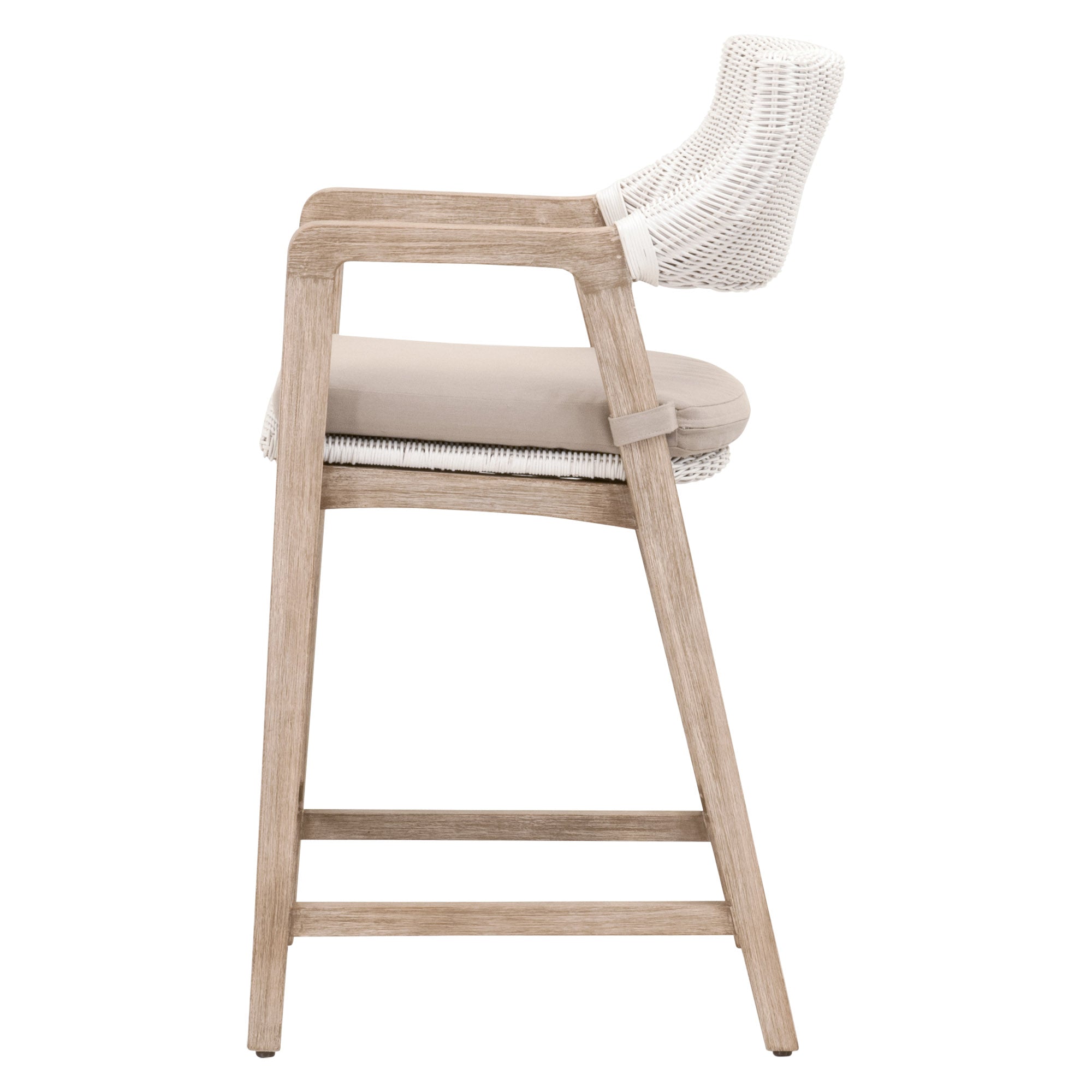 Side view of Lucia Counter Stool with white rattan and light gray cushion by Essentials for Living