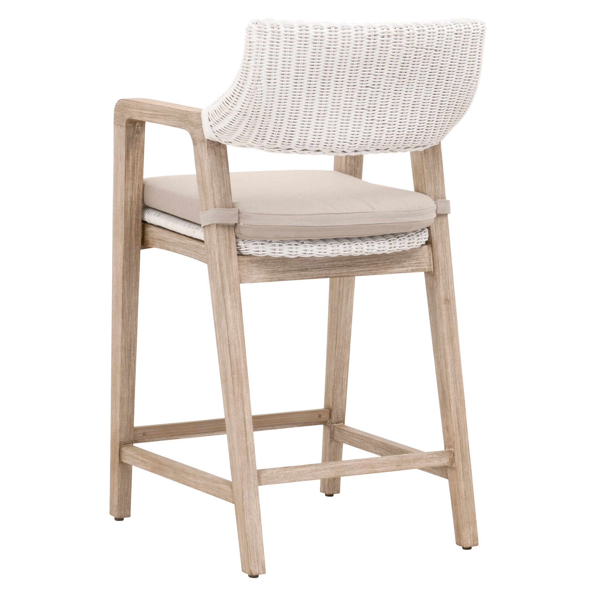 Lucia Counter Stool with white rattan back and light gray cushion on distressed gray mahogany frame by Essentials For Living