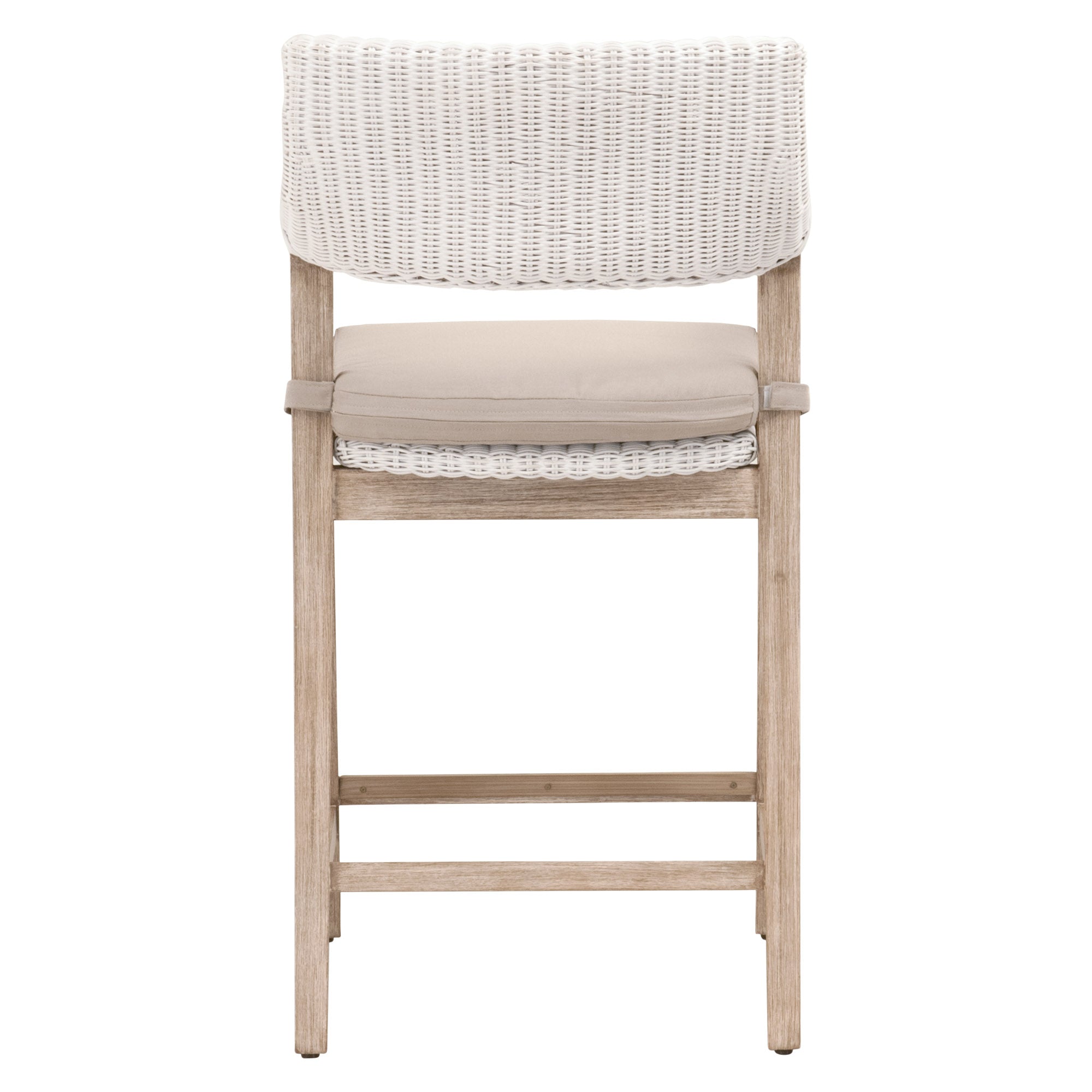 Lucia Counter Stool with white rattan and light gray cushion, distressed natural gray mahogany frame by Essentials for Living