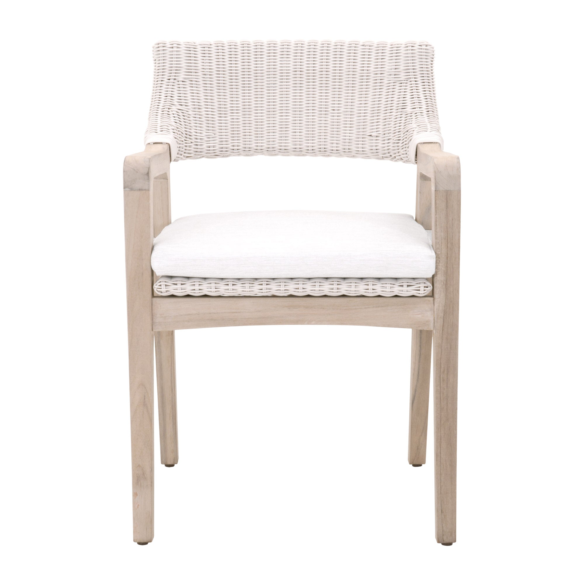 Essentials For Living Lucia Outdoor Arm Chair with white wicker and gray teak frame featuring a removable cushion