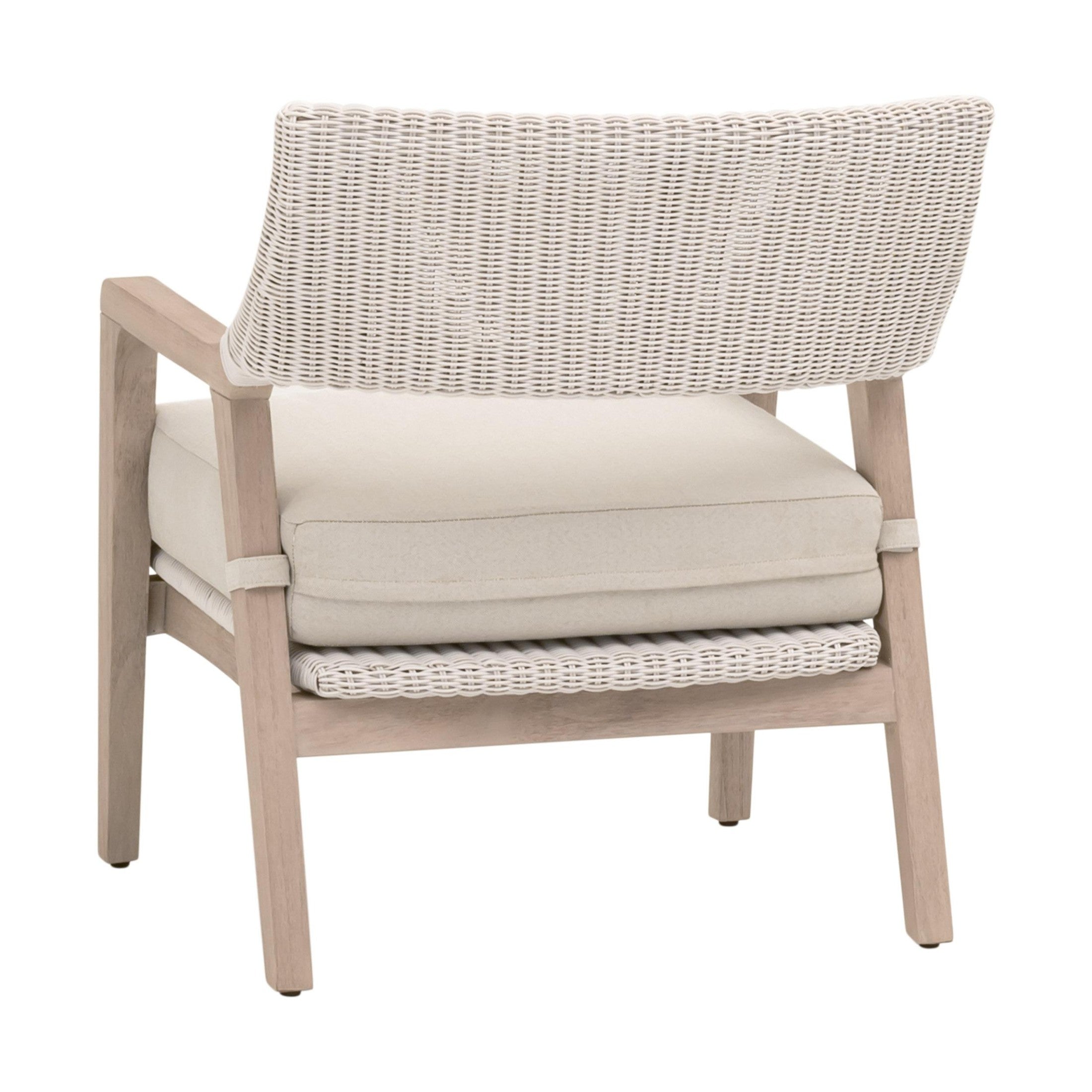 Essentials for Living Lucia Outdoor Club Chair with washed teak frame, white wicker, and stone cushion viewed from the back