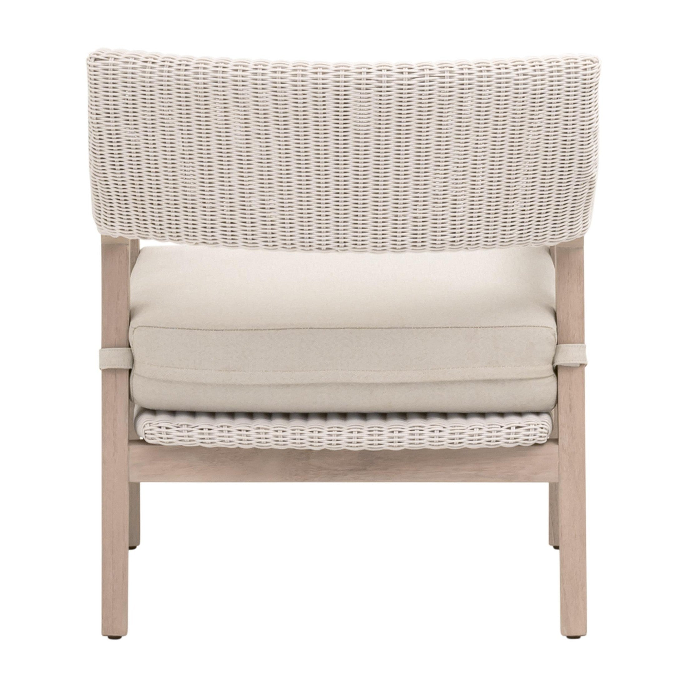 Essentials for Living Lucia Outdoor Club Chair with washed teak frame white wicker and stone cushion viewed from back