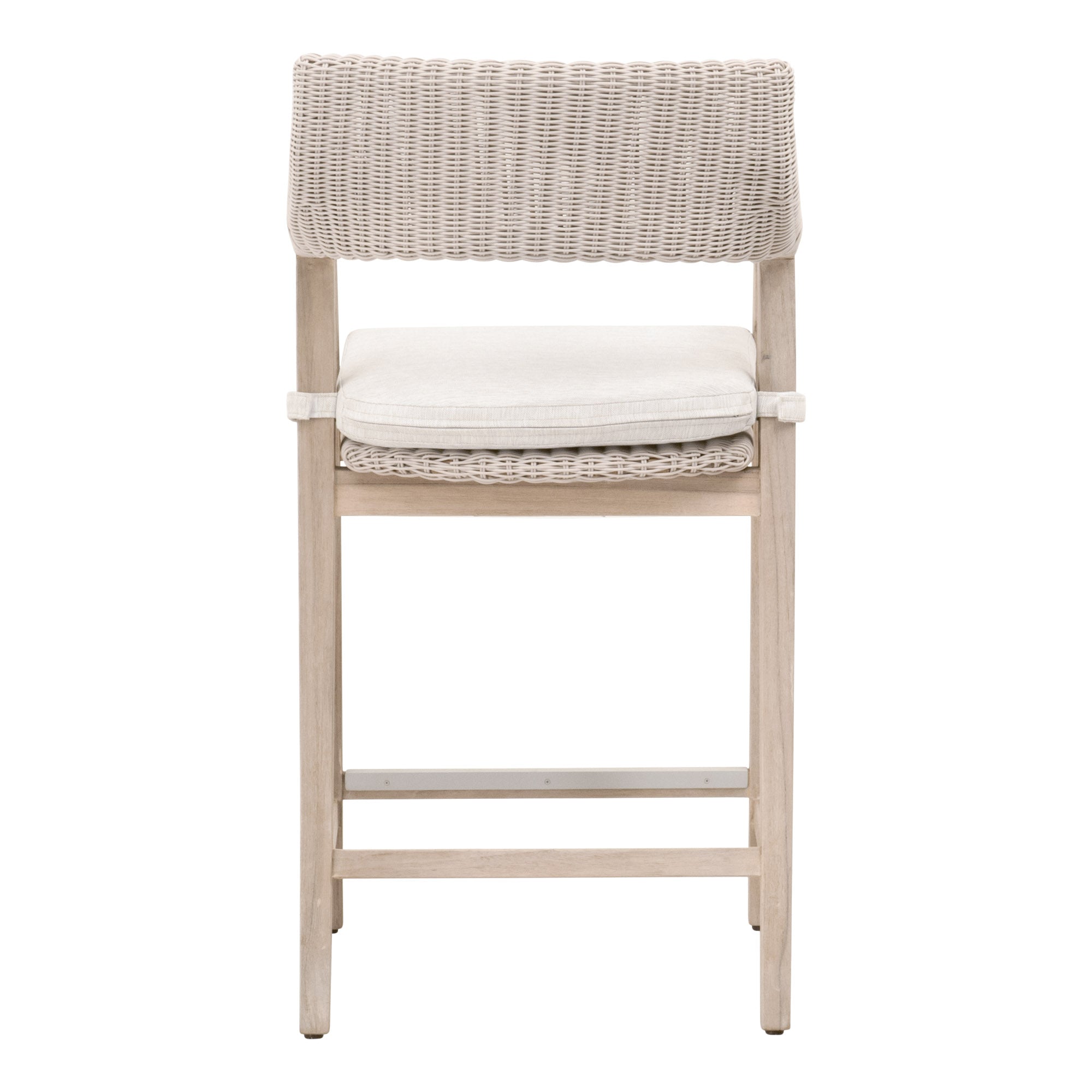 Lucia Outdoor Counter Stool with white synthetic wicker and teak frame, removable cushion, by Essentials for Living
