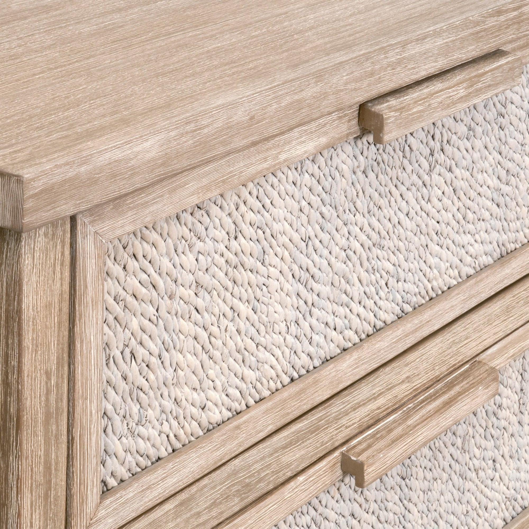 Close-up of Malay 6-Drawer Double Dresser with white-washed abaca rope and natural gray mahogany by Essentials For Living