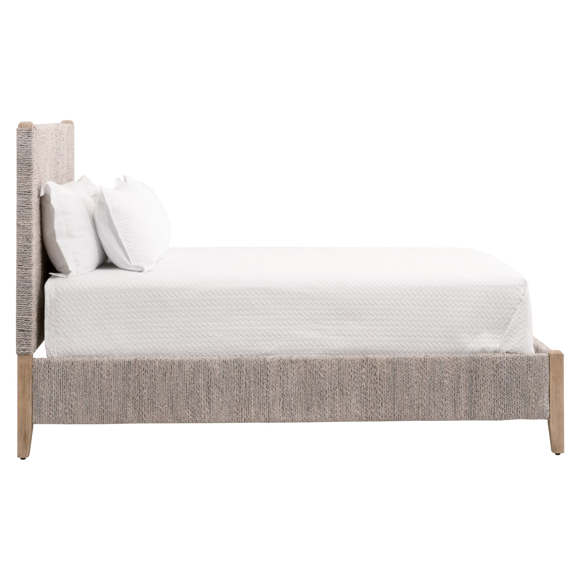 Side view of Malay Cal King Bed with white-washed abaca rope and natural gray mahogany frame by Essentials for Living