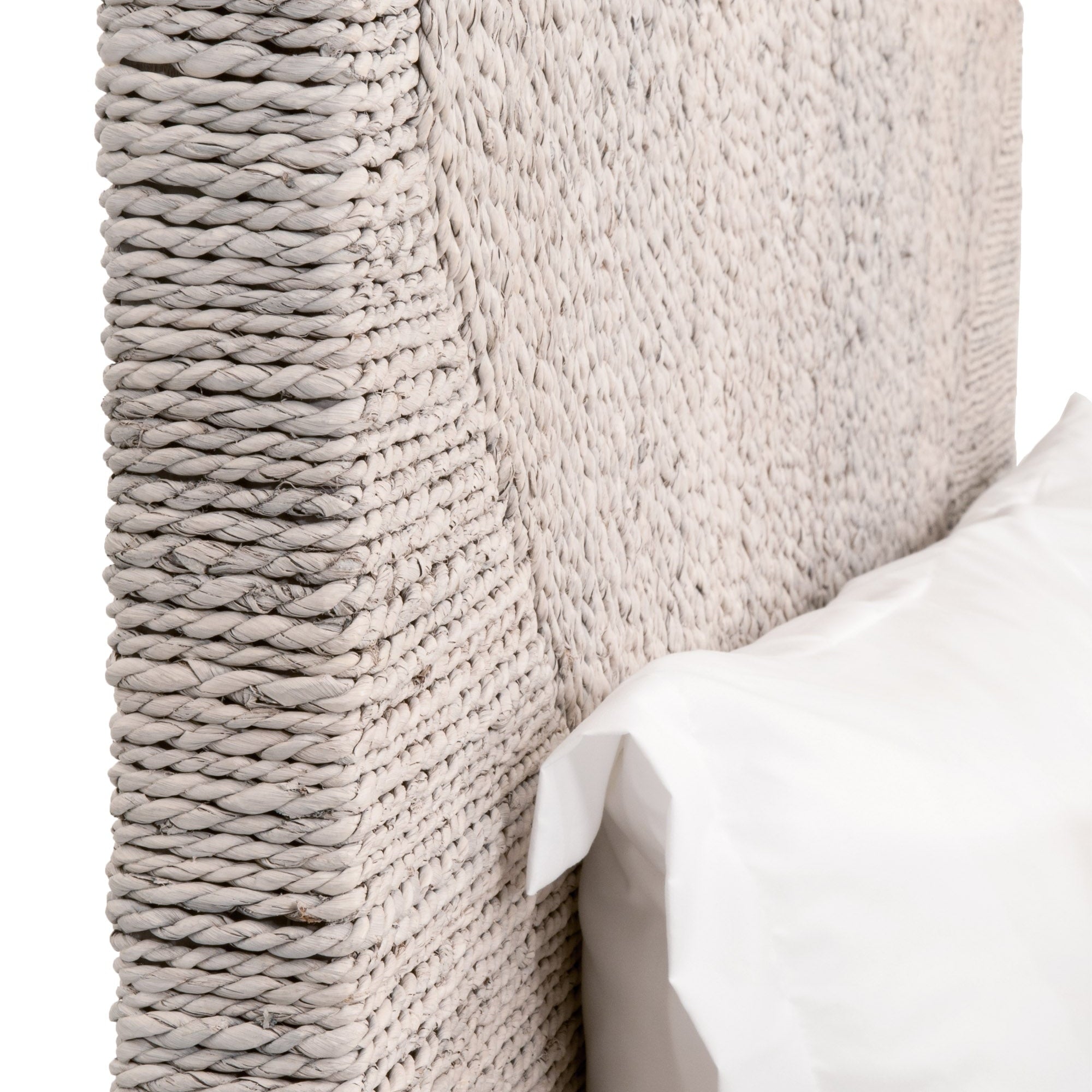 Close-up of handwoven white-washed abaca rope headboard on Malay Cal King Bed by Essentials for Living.