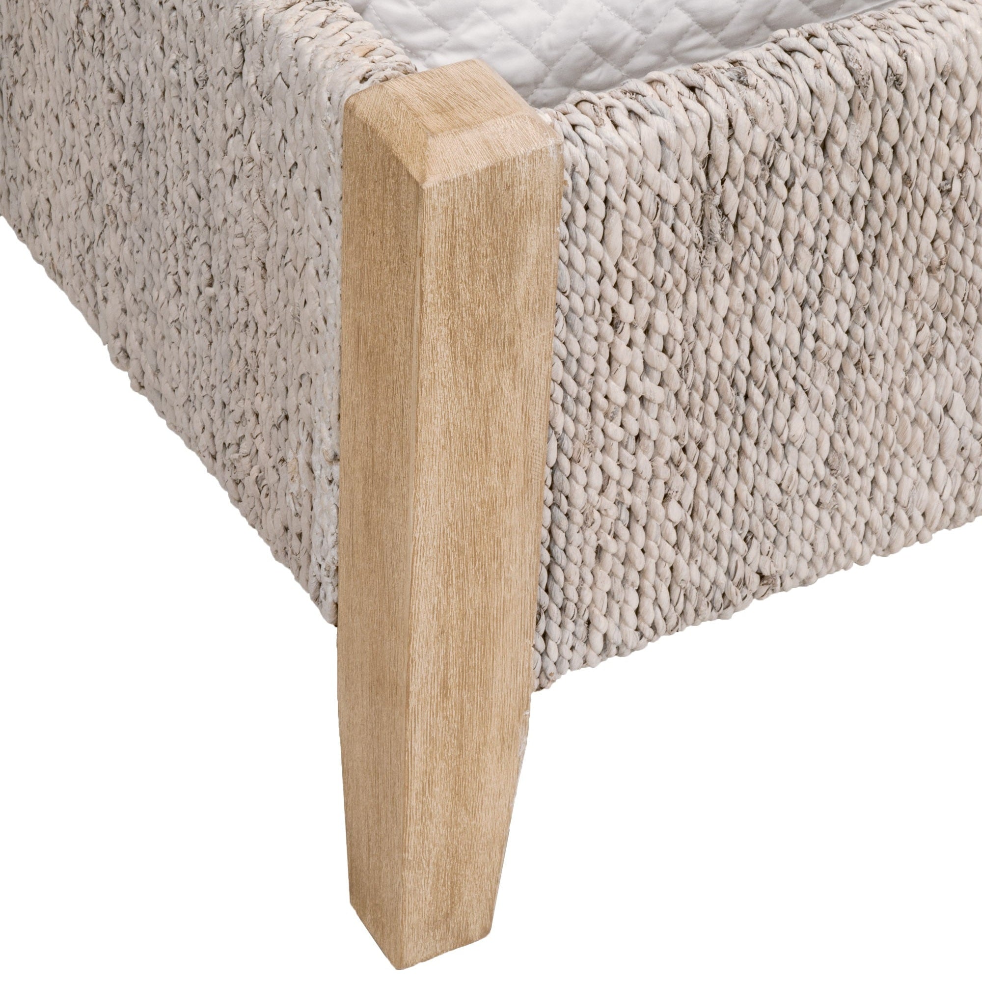 Close-up of white-washed abaca rope and natural gray mahogany leg on Malay Cal King Bed by Essentials For Living
