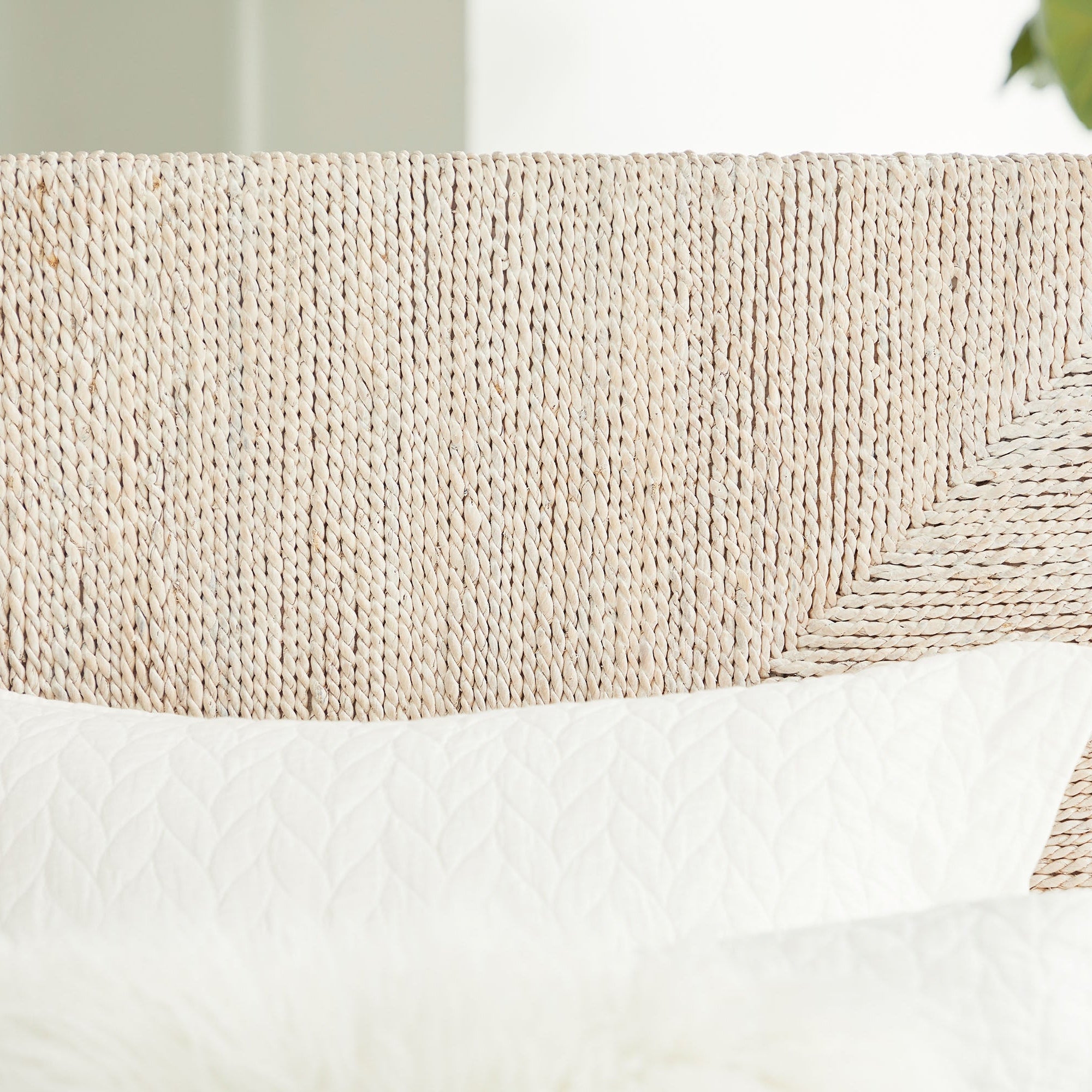 Close-up of handwoven white-washed abaca rope headboard on Malay Cal King Bed by Essentials for Living