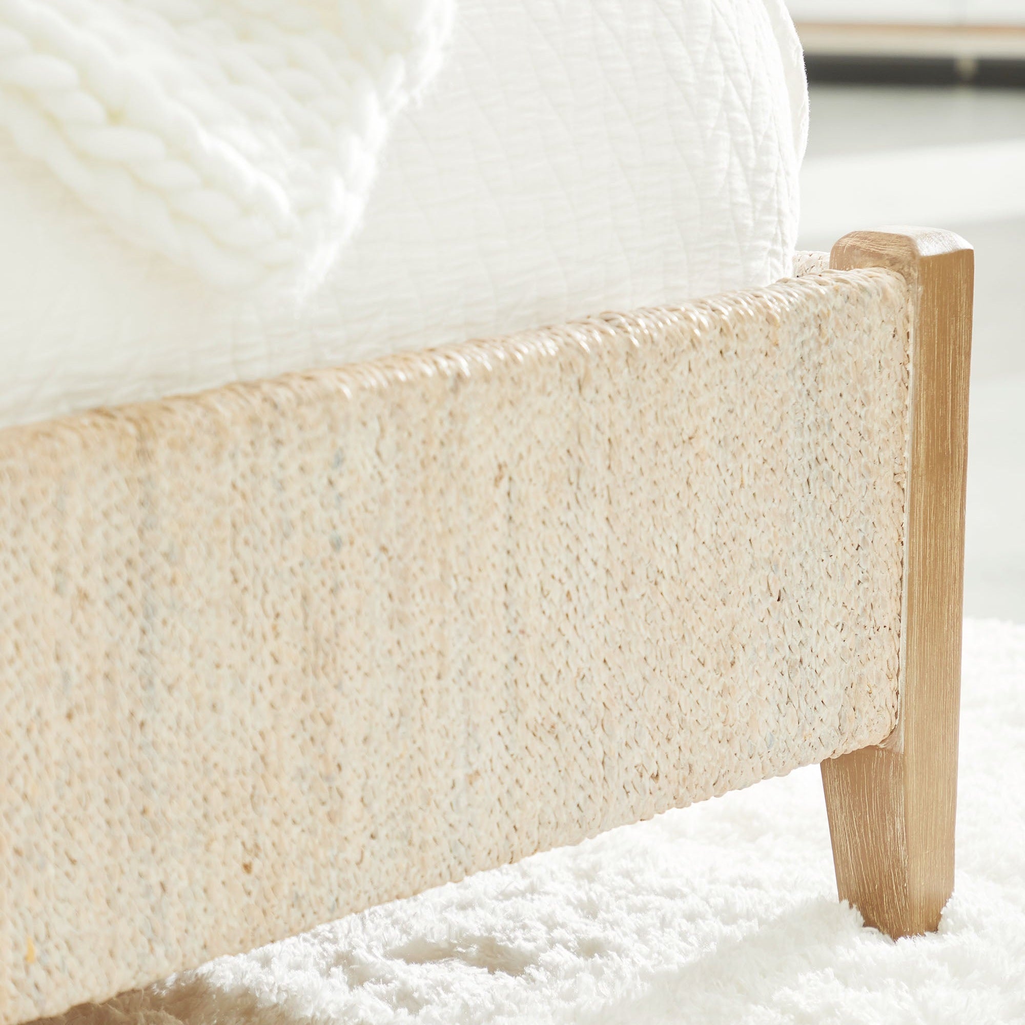 Close-up of woven white-washed abaca rope and natural gray mahogany frame on Malay Cal King Bed by Essentials for Living