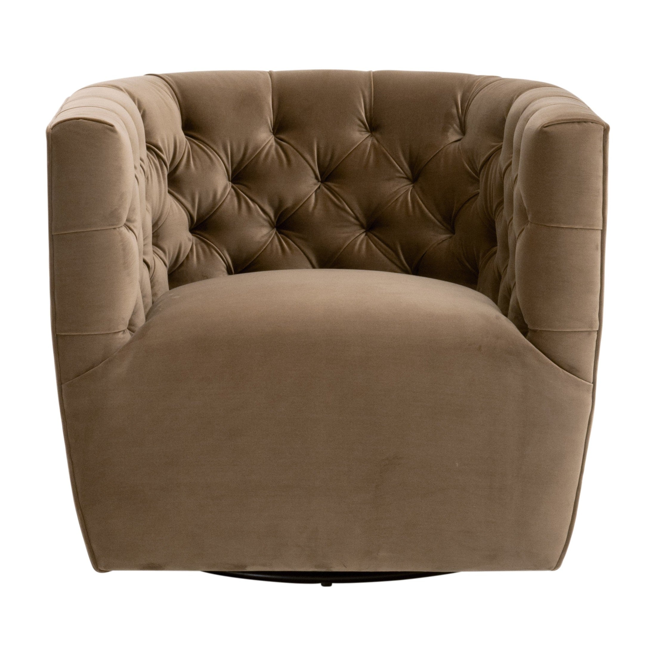 Marcel Swivel Club Chair in caramel velvet with tufted back and black swivel base by Essentials for Living