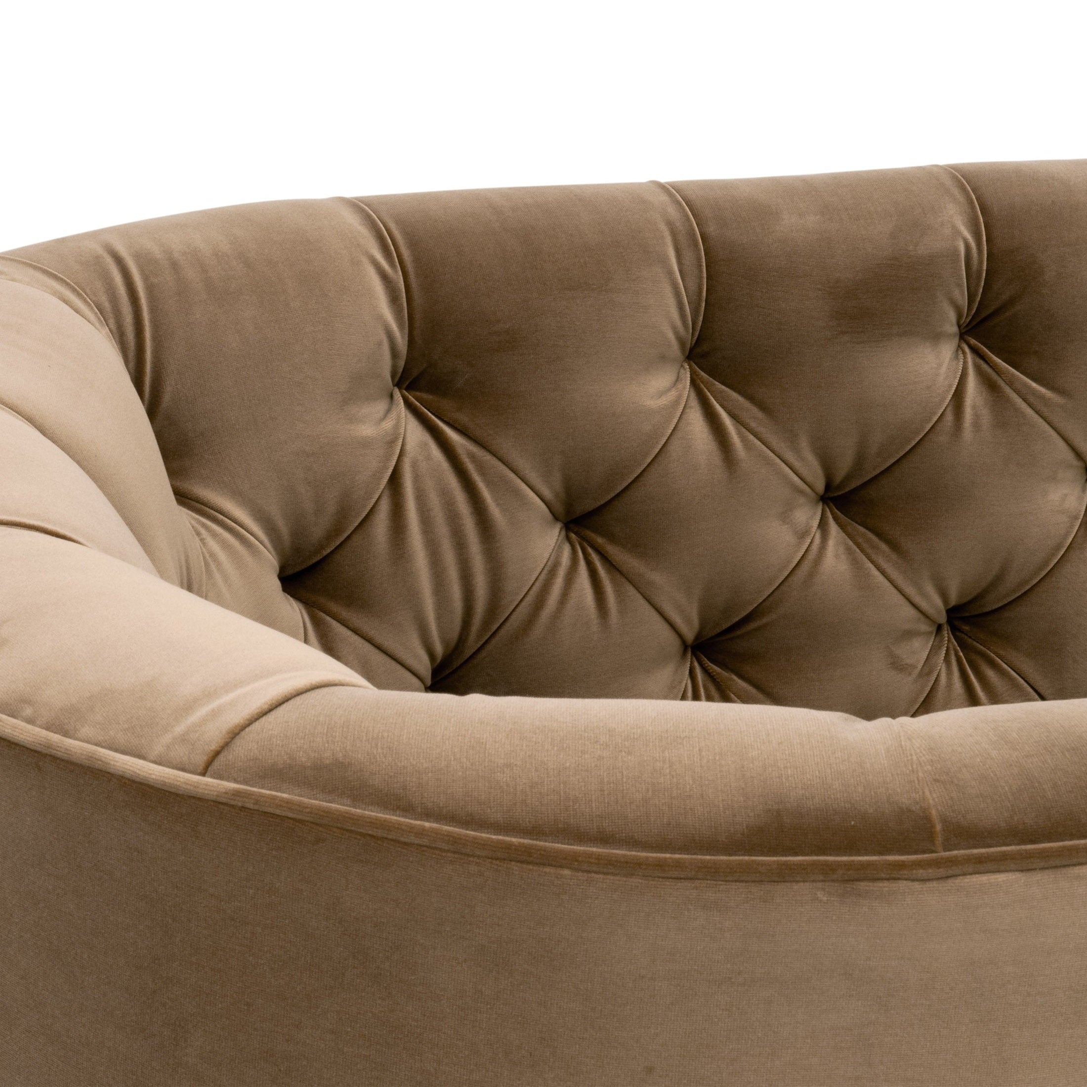 Close-up of caramel velvet tufted backrest on Marcel Swivel Club Chair by Essentials for Living
