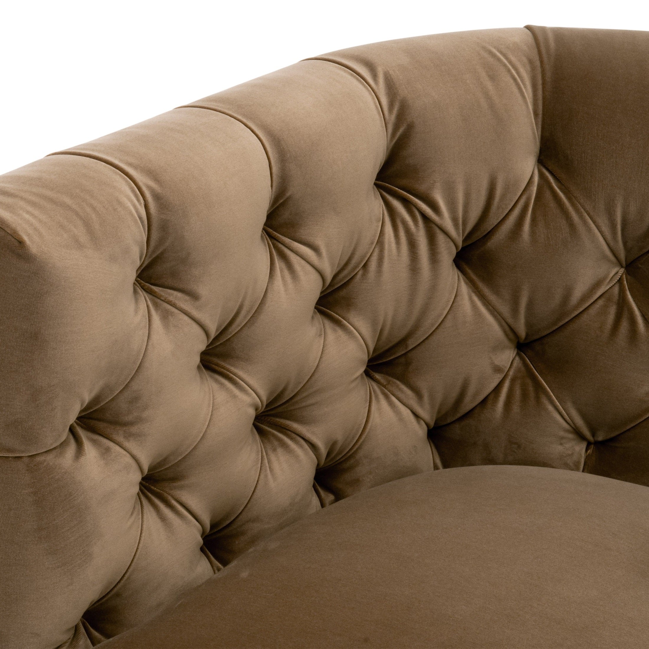 Close-up of caramel velvet tufted backrest on Marcel Swivel Club Chair by Essentials for Living