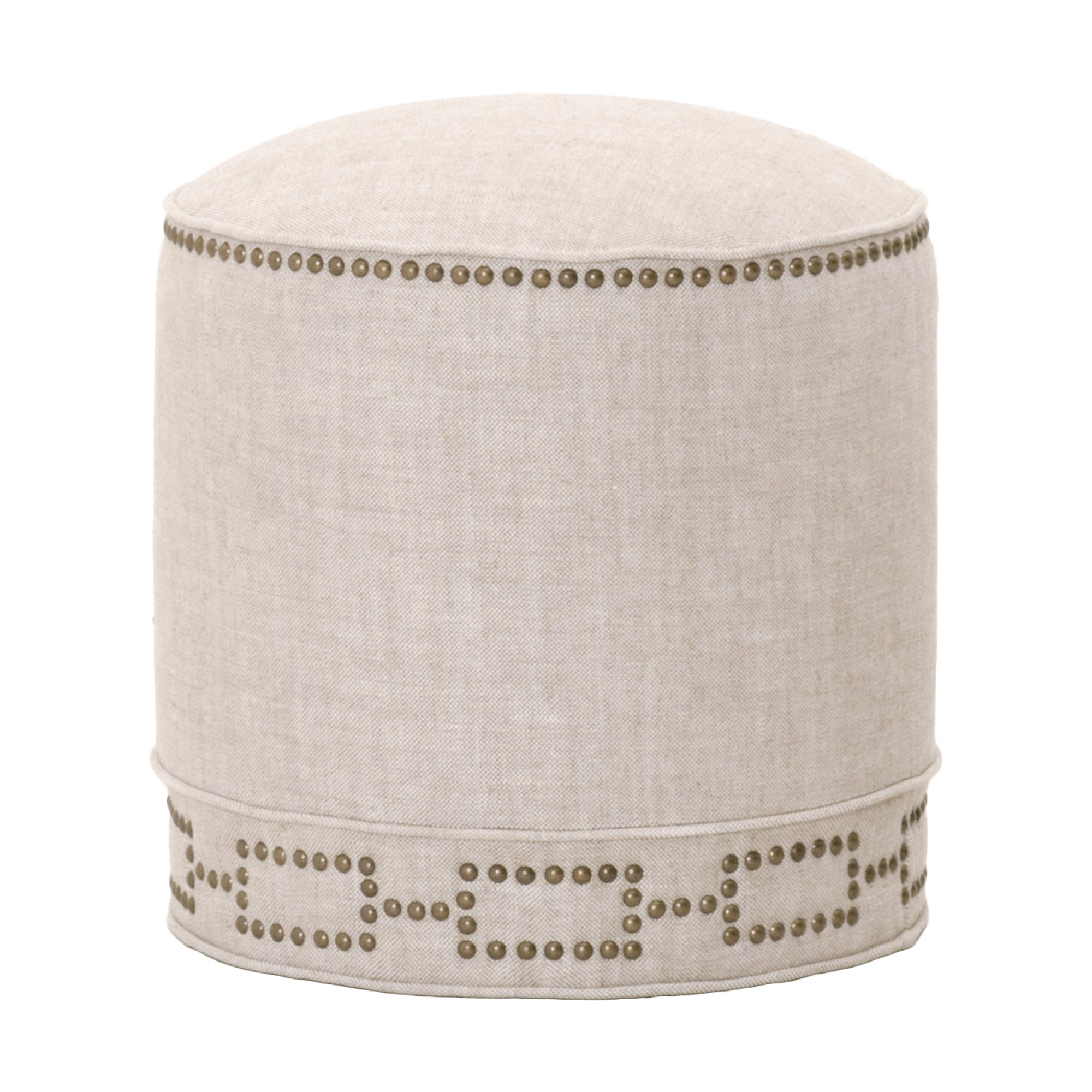 Marlow Ottoman in bisque linen with gold nailhead trim, compact and stylish accent by Essentials for Living