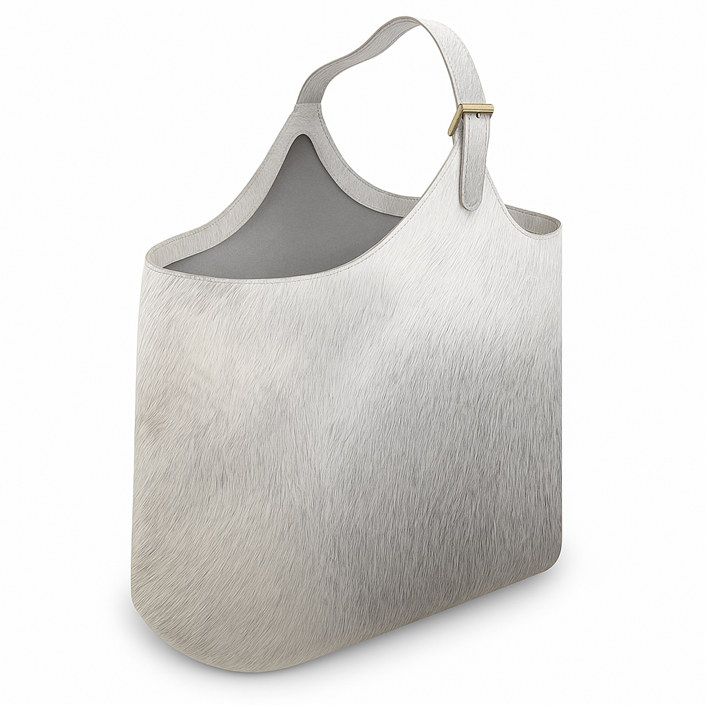 Marseille Magazine Rack in white and grey hide-on-hair with tall, structured design
