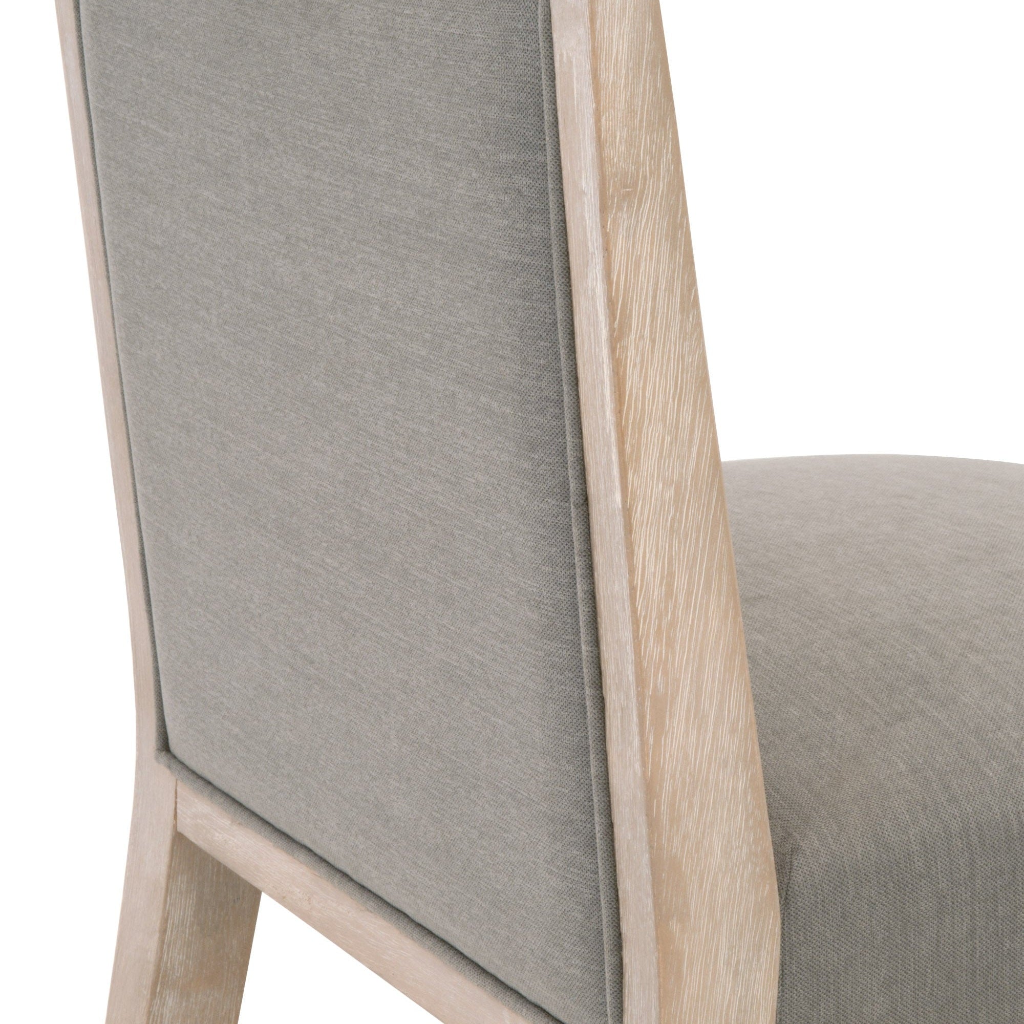 Close-up of Martin Counter Stool showing slate fabric upholstery and natural gray solid rubberwood frame by Essentials For Living