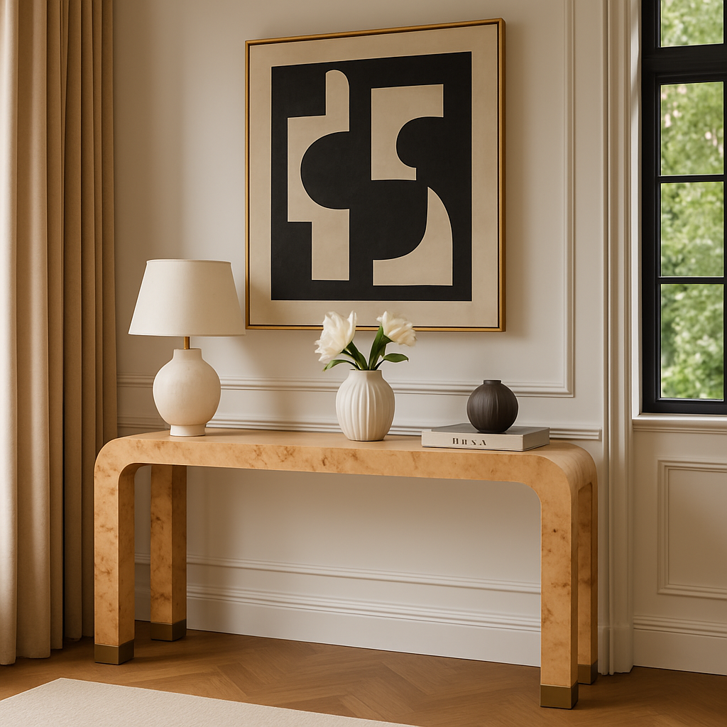 Marvin Console in 44-inch burl wood veneer with sleek, modern design