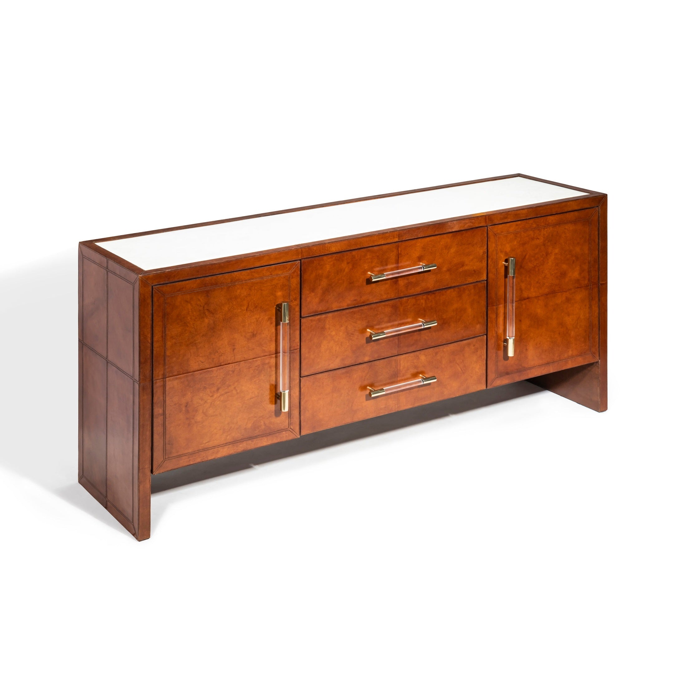 Mason Sideboard with cognac leather, marble top, and brass handles for modern luxe storage by GO HOME