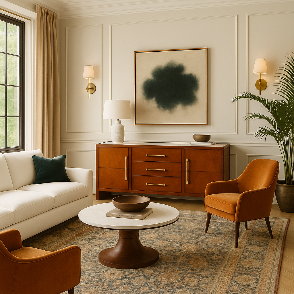 Mason Sideboard in cognac leather with brass handles in elegant living room setting GO HOME