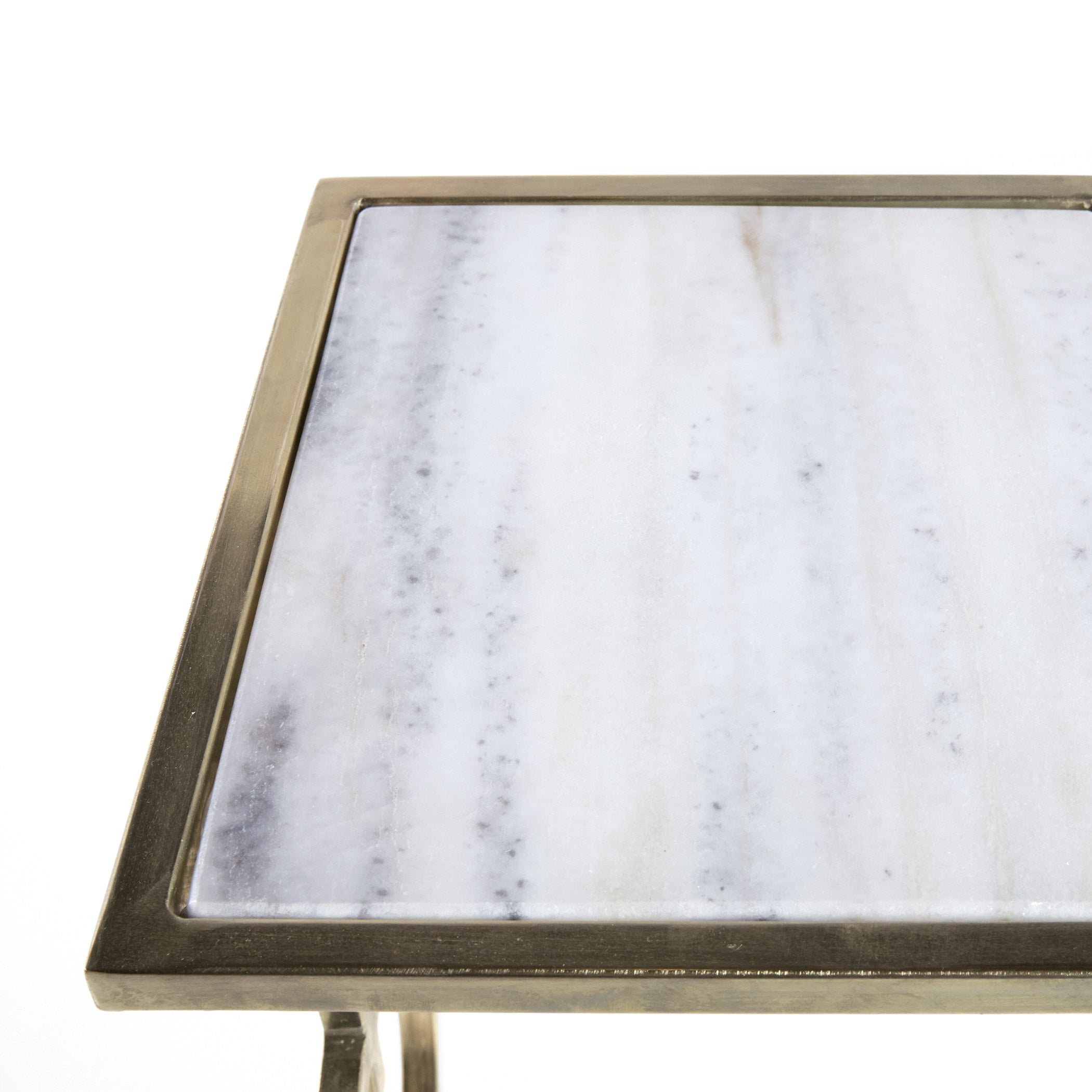 Close-up of white marble top with metallic gold frame of Maxine Side Table by GO HOME