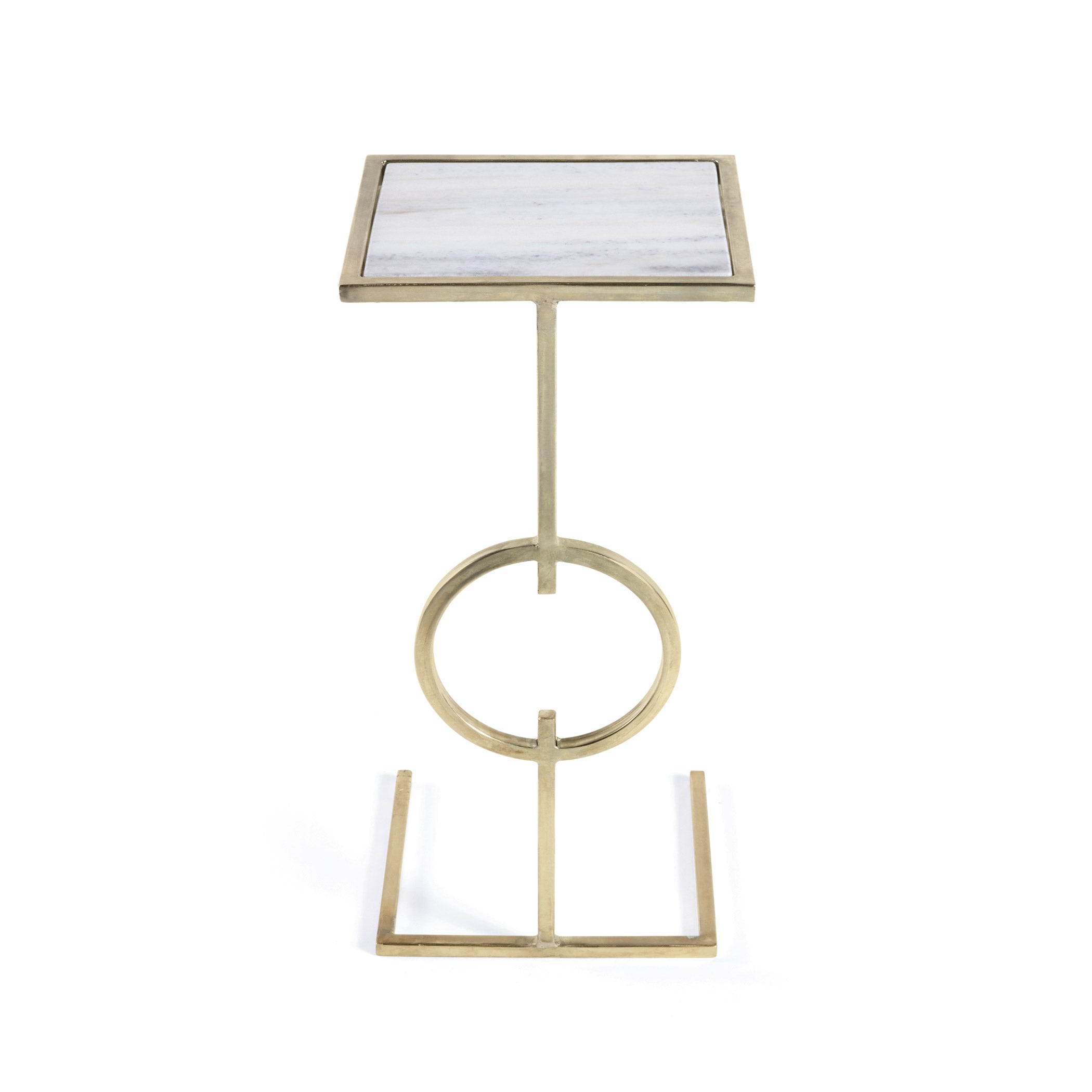 GO HOME Maxine Side Table with metallic gold iron frame and white marble top, compact C-shaped design, GO HOME