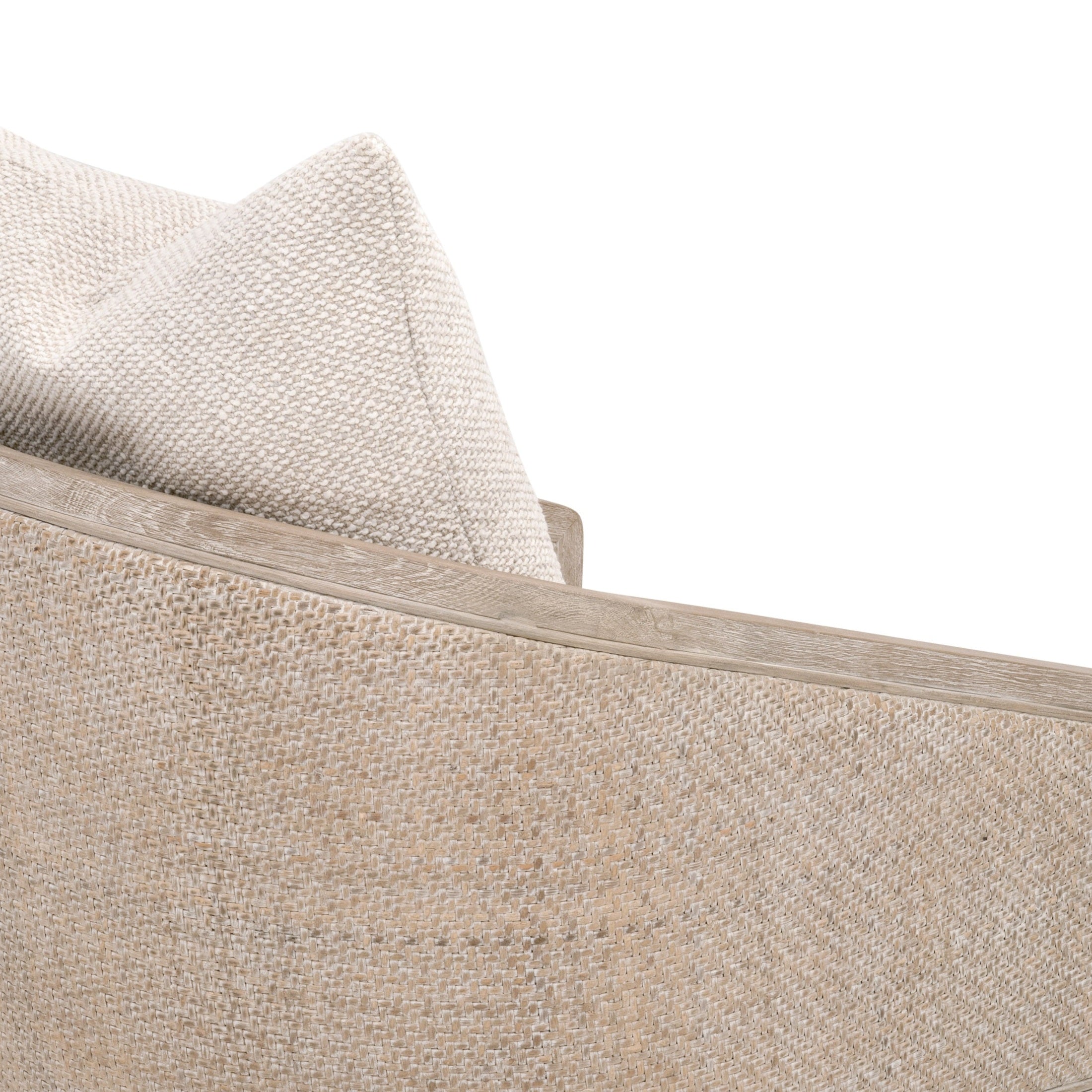 Close-up of Natural Gray Rattan and LiveSmart Gellar-Linen upholstery on McGuire Counter Stool by Essentials for Living
