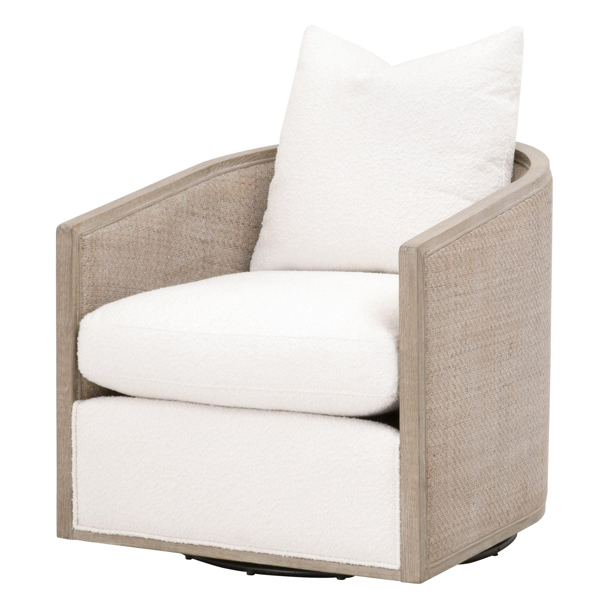 Essentials For Living swivel club chair with natural gray cane frame and plush white boucle upholstery