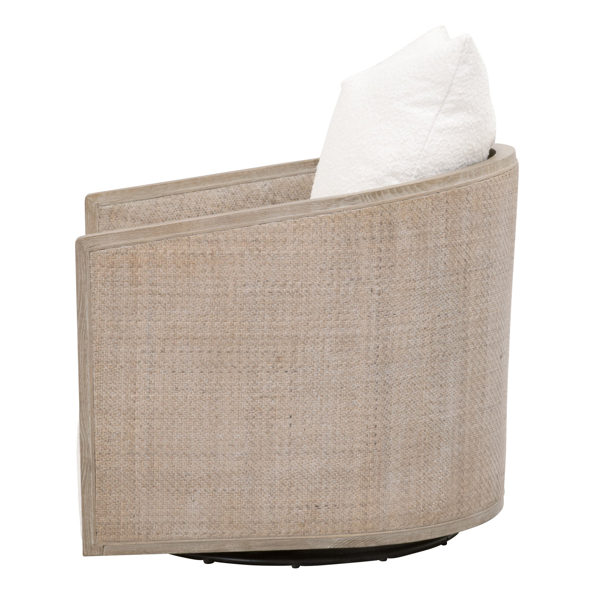 Side view of McGuire Swivel Club Chair with natural gray cane frame and white boucle cushion by Essentials For Living