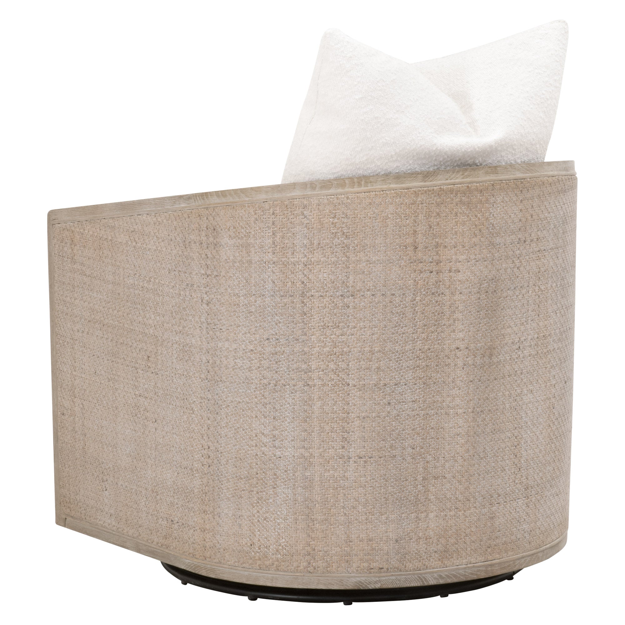 Essentials for Living swivel club chair with natural gray cane frame and white boucle throw pillow, side view.