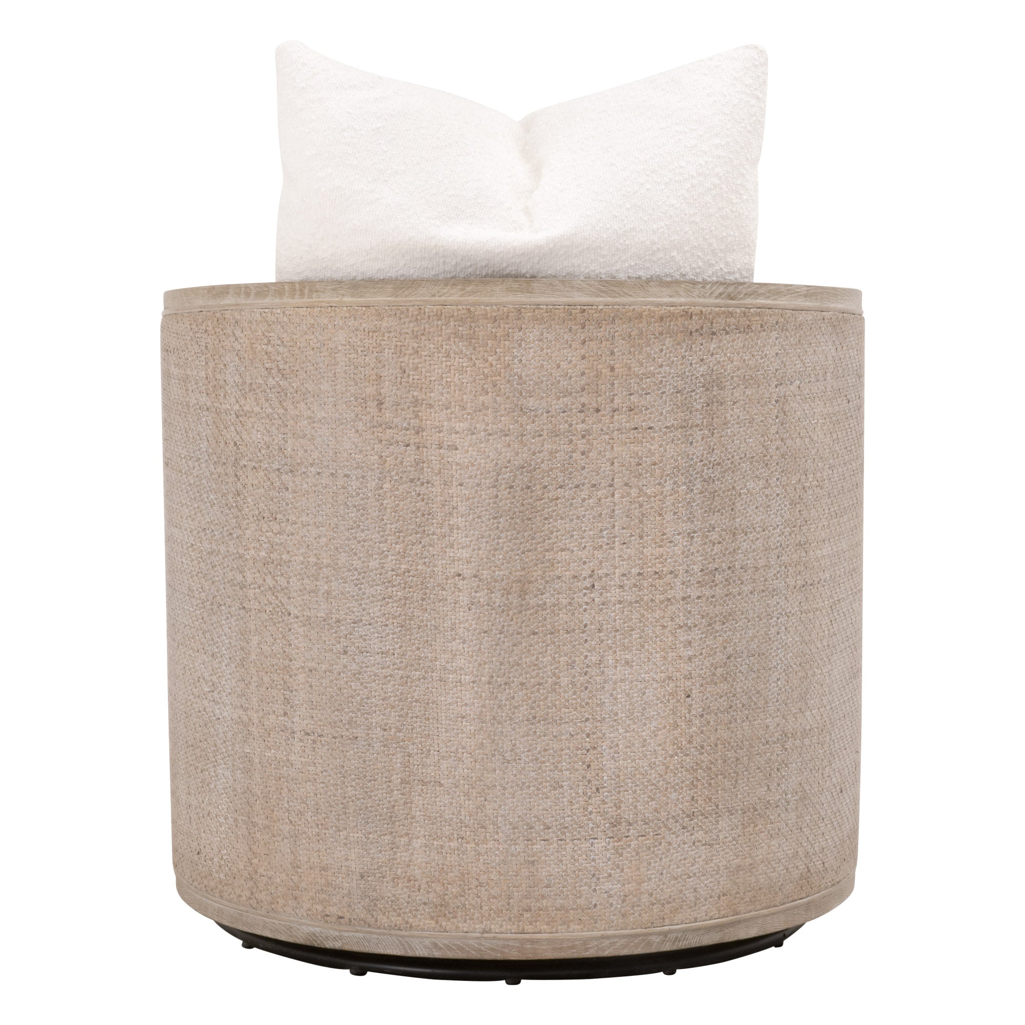 Back view of McGuire Swivel Club Chair with natural gray cane and white boucle throw pillow by Essentials for Living