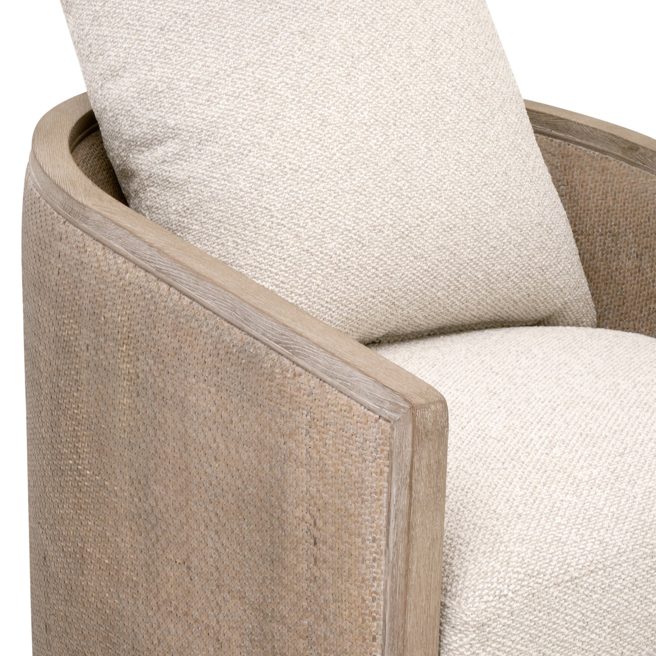 Close-up of McGuire Swivel Club Chair with handwoven natural gray cane and LiveSmart Snow Boucle upholstery cushion