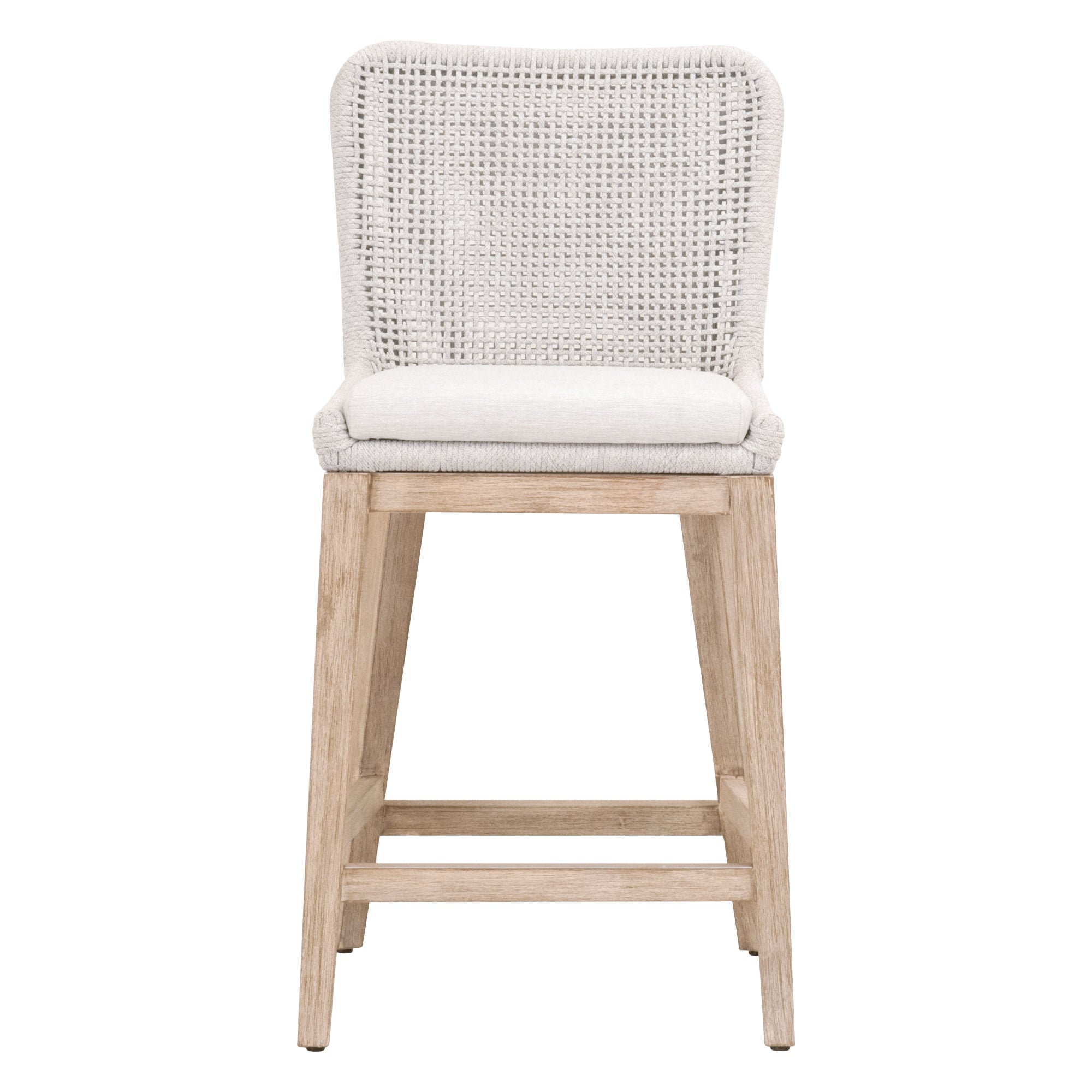 Mesh Counter Stool with white speckle rope back and cushioned seat on natural gray mahogany frame by Essentials for Living